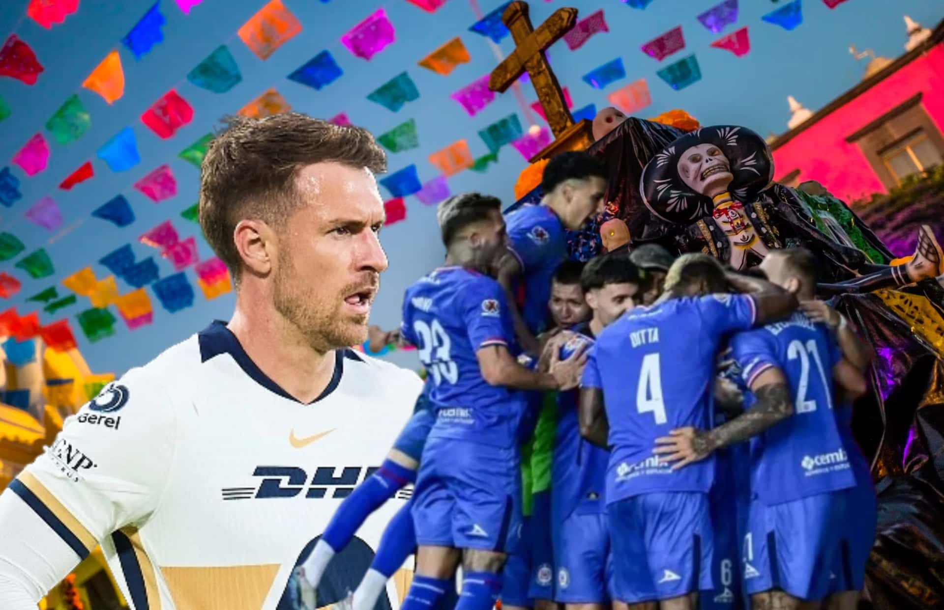 Aaron Ramsey y jugadores de Cruz Azul/ Foto Excélsior.