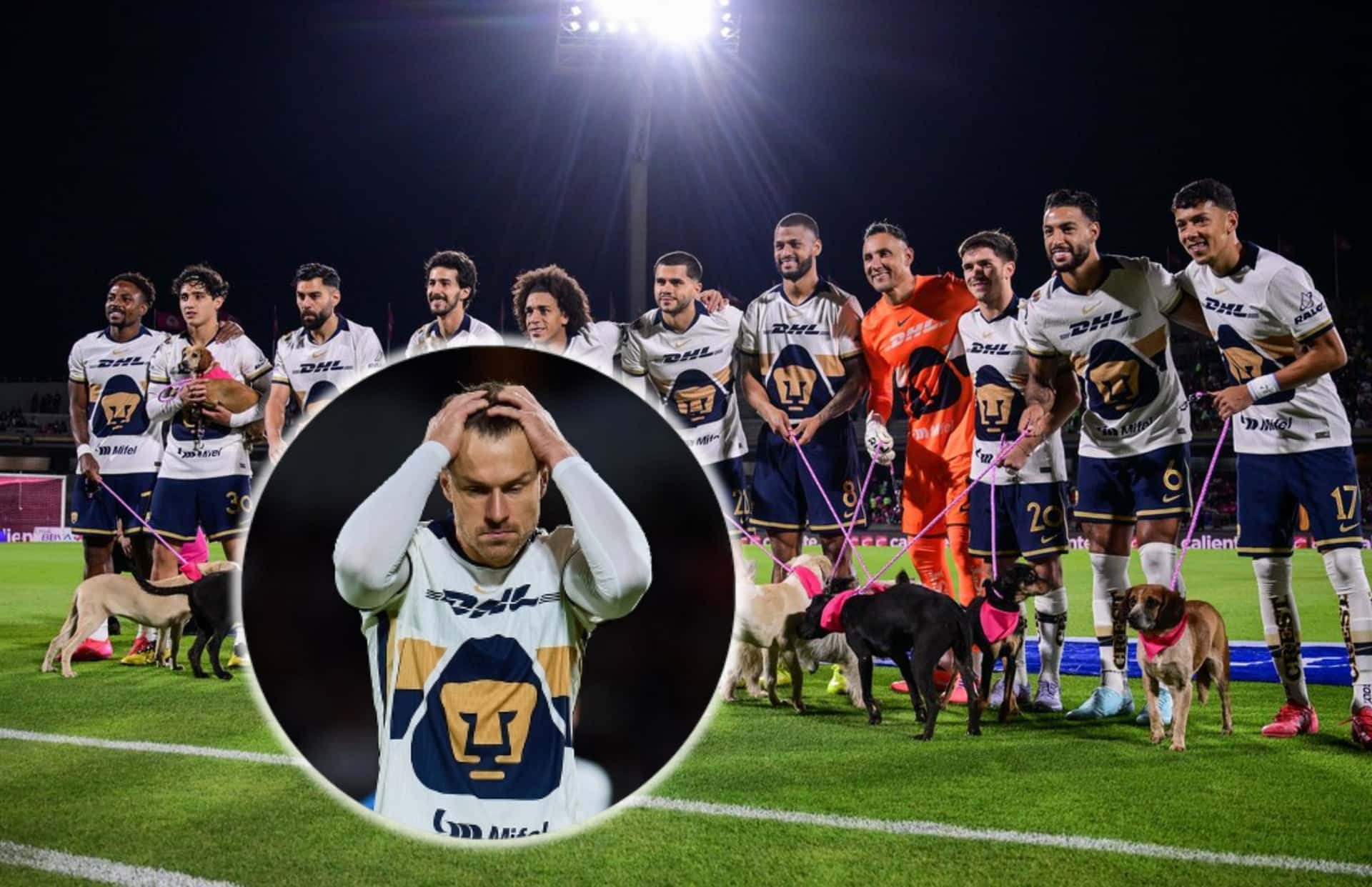 Aaron Ramsey y jugadores de Pumas/ Foto Pumas.