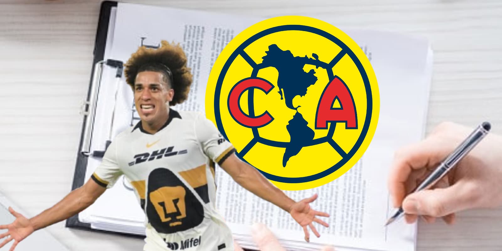 Adalberto Carrasquilla junto al escudo del América / FOTO TV AZTECA