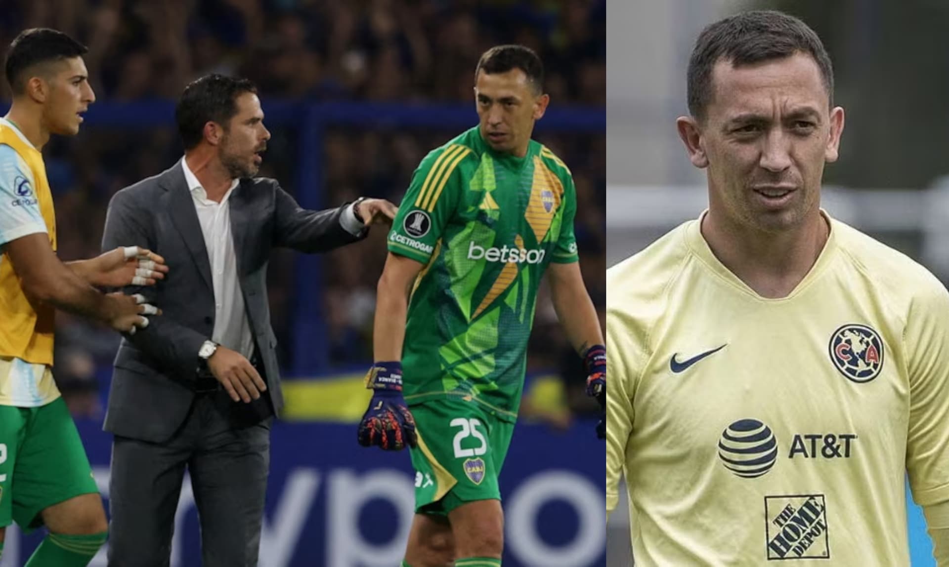 Agustín Marchesín sale de cambio en juego, a la derecha, Marchesín en práctica con América (Fuente: Reuters y Mexsports)