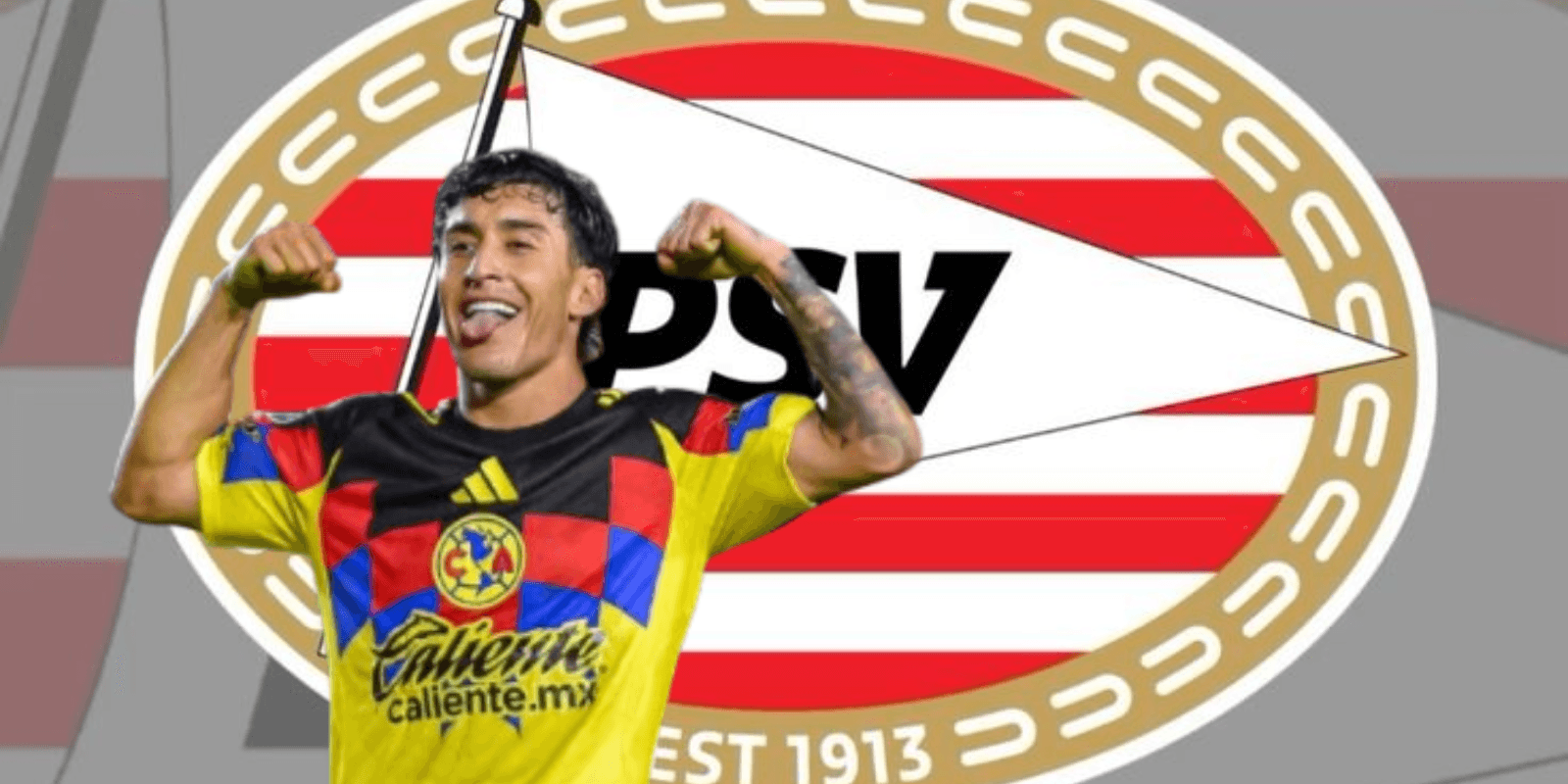 Alejandro Zendejas junto al escudo del PSV Eindhoven / FOTO FUTBOL TOTAL