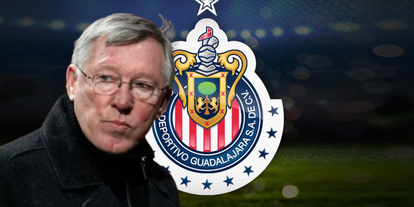 Alex Ferguson junto al escudo de Chivas / FOTO COACHES VOICE