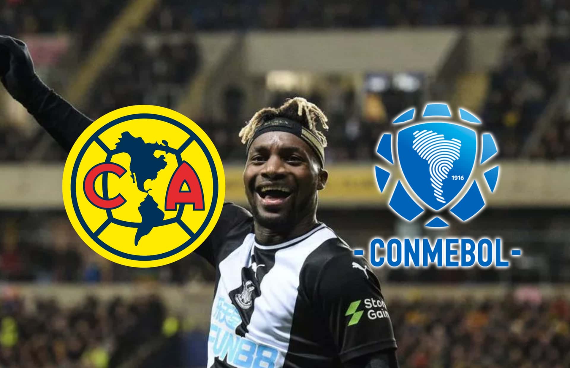 Allan Saint-Maximin, escudo del América y logo de CONMEBOL/ Foto Chronicle Live.