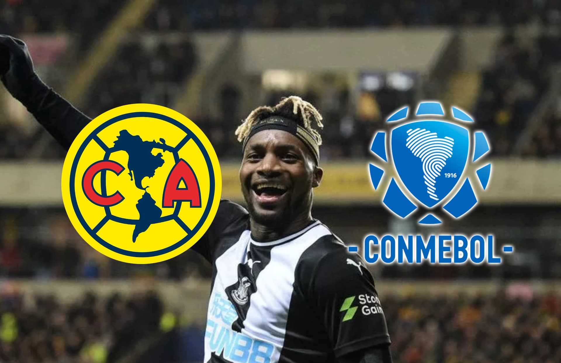 Allan Saint-Maximin, escudo del América y logo de CONMEBOL/ Foto Chronicle Live.