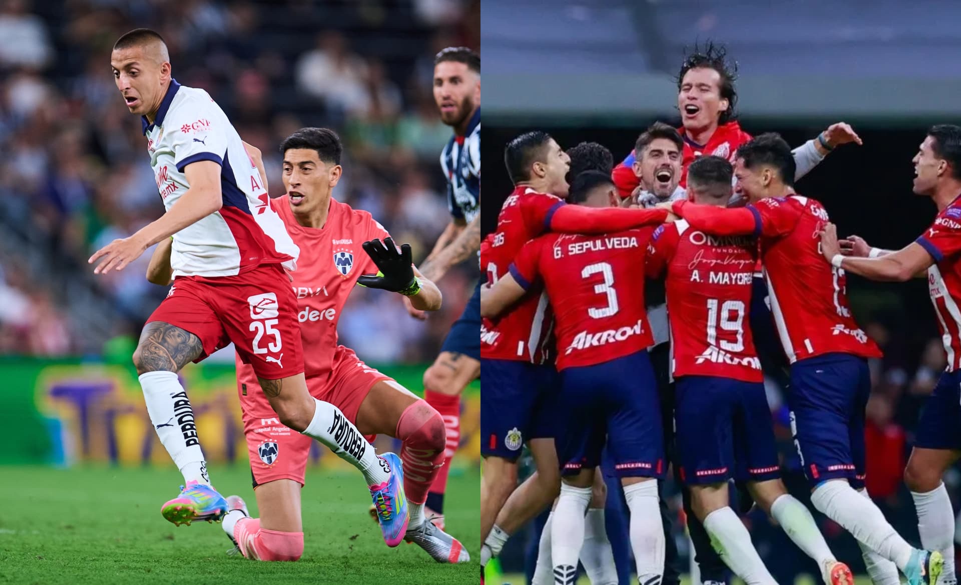 Alvarado regatea a un jugador, a la derecha, plantel de Chivas festeja (Fuente: Mexsports)
