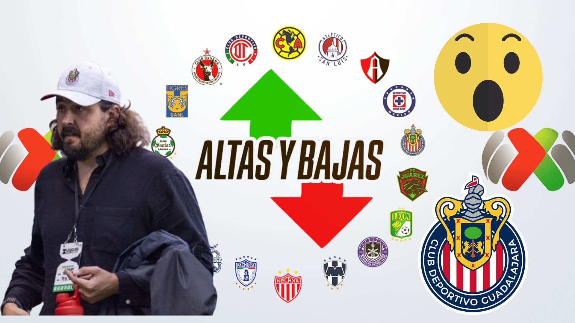 Amaury con clubes de la Liga MX y escudo de Chivas