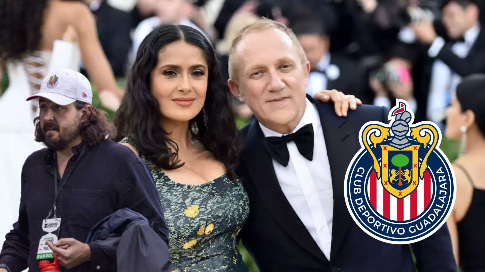 Amaury con Salma y Henri y el escudo de Chivas