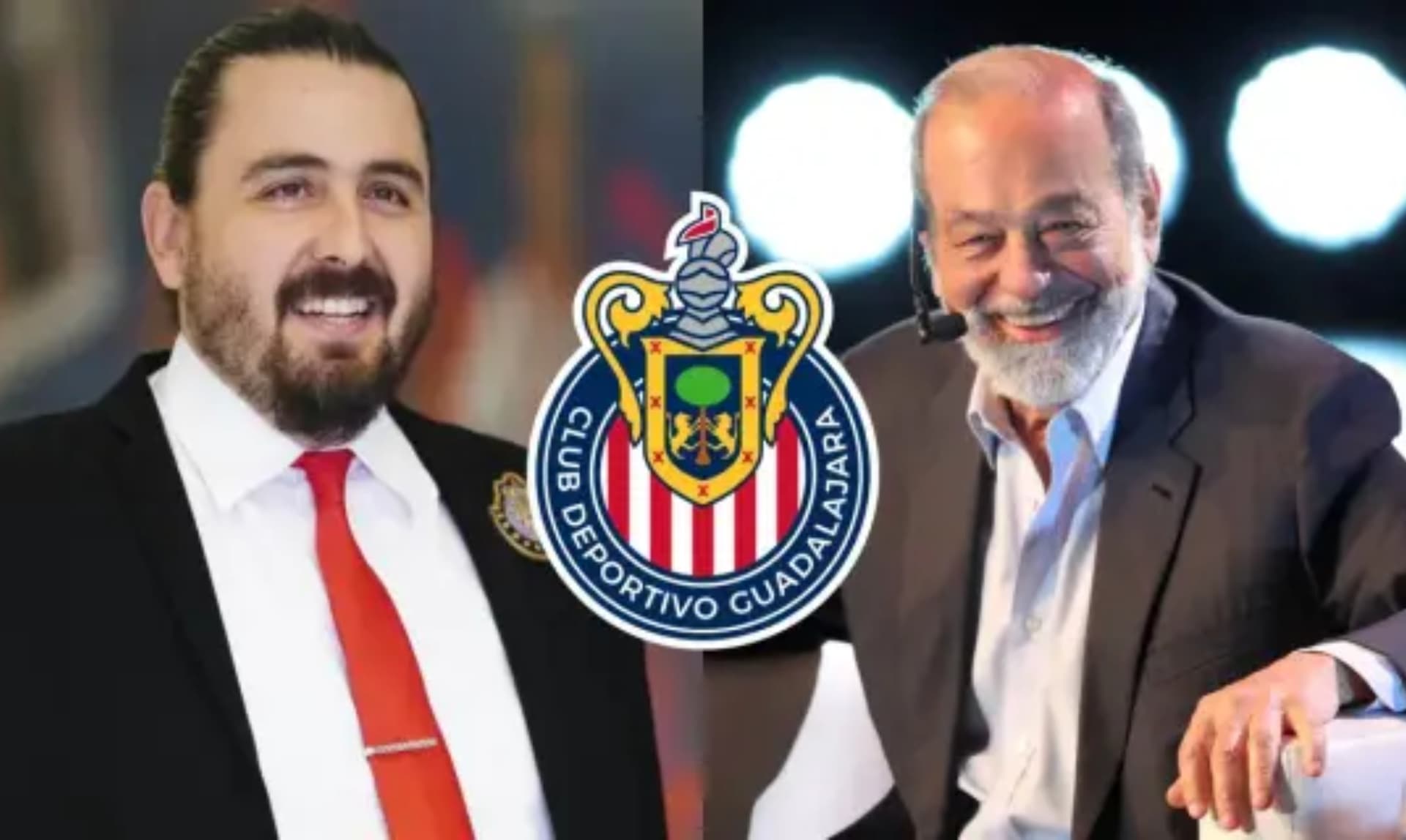 Amaury Vergara en presentación de jugador, a la derecha, Slim en conferencia (Fuente: Chivas y El Economista)
