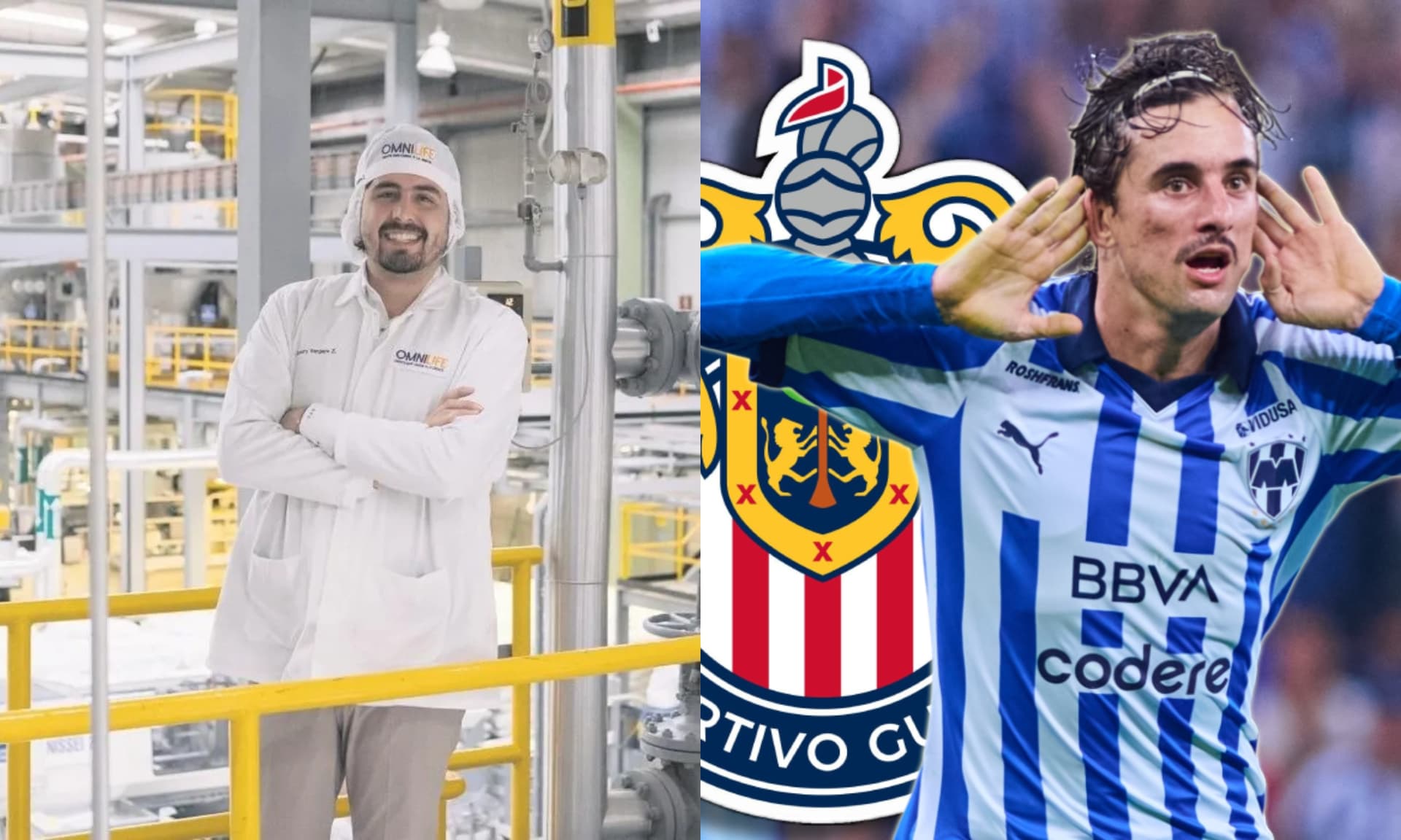 Amaury Vergara en una fábrica y Jordi Cortizo festejando gol con Rayados (Fuente: El Informador y Esto)