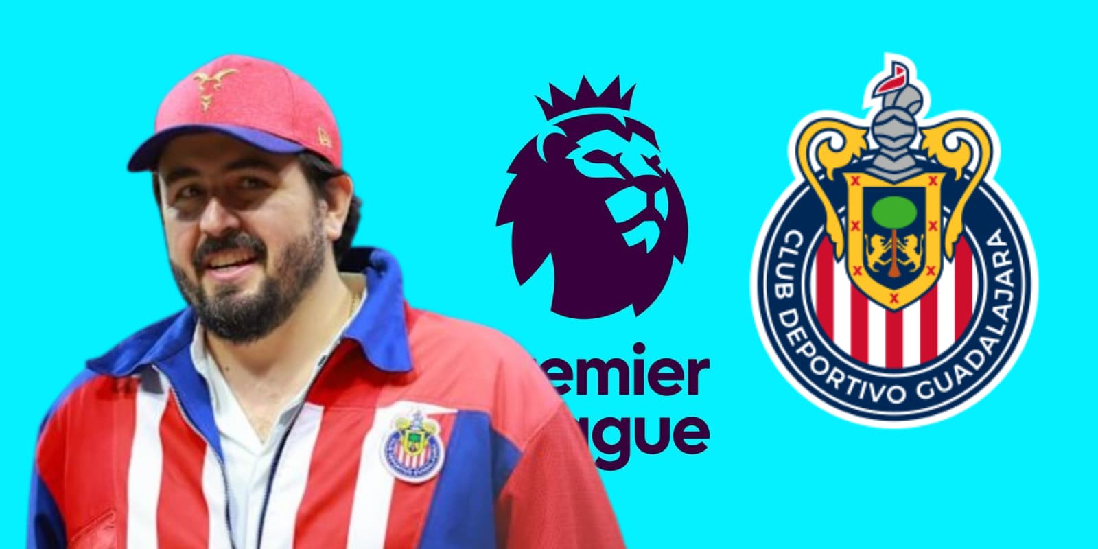 Amaury Vergara junto al escudo de Chivas y Premier League / FOTO YAHOO NOTICIAS