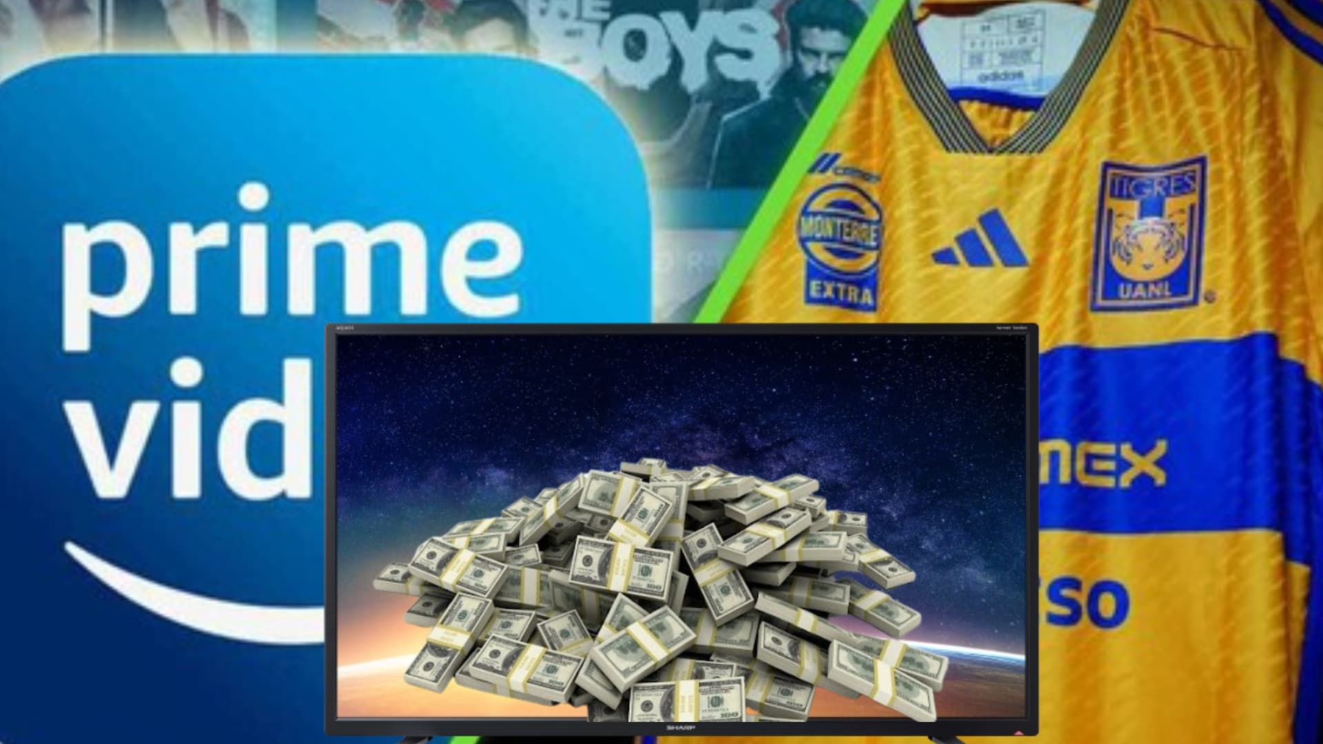 Amazon Prime, camisa de Tigres y televisión con dinero/ Foto: Xataca México