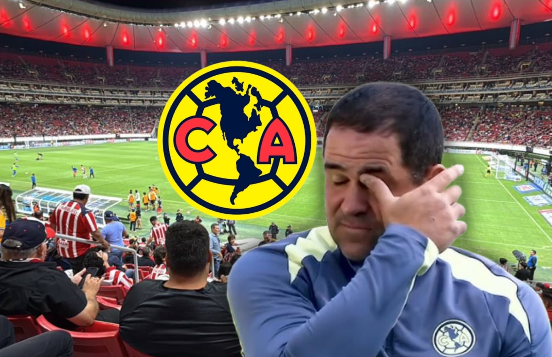 André Jardine, escudo del América y Estadio Akron/Foto Jalisco TV.