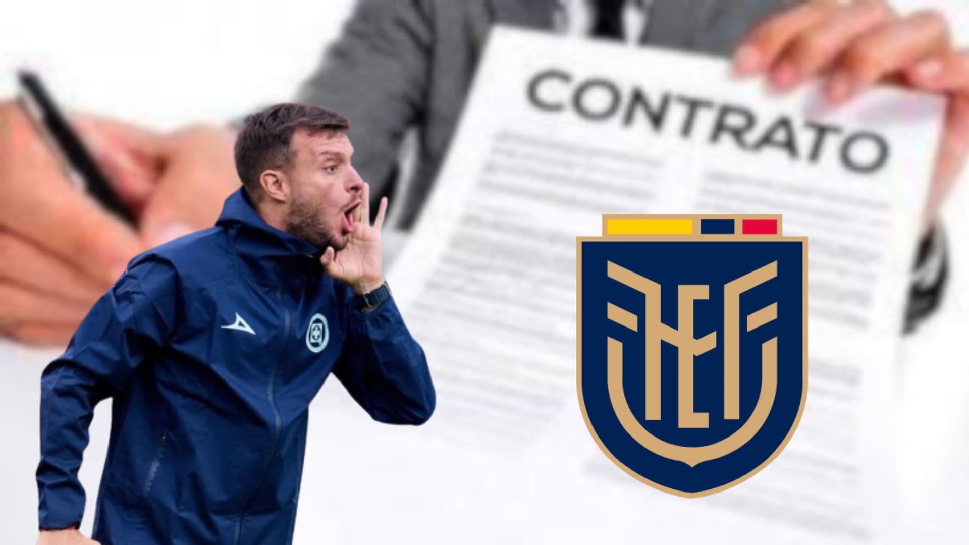 Anselmi con su contrato y el logo de la Selección de Ecuador
