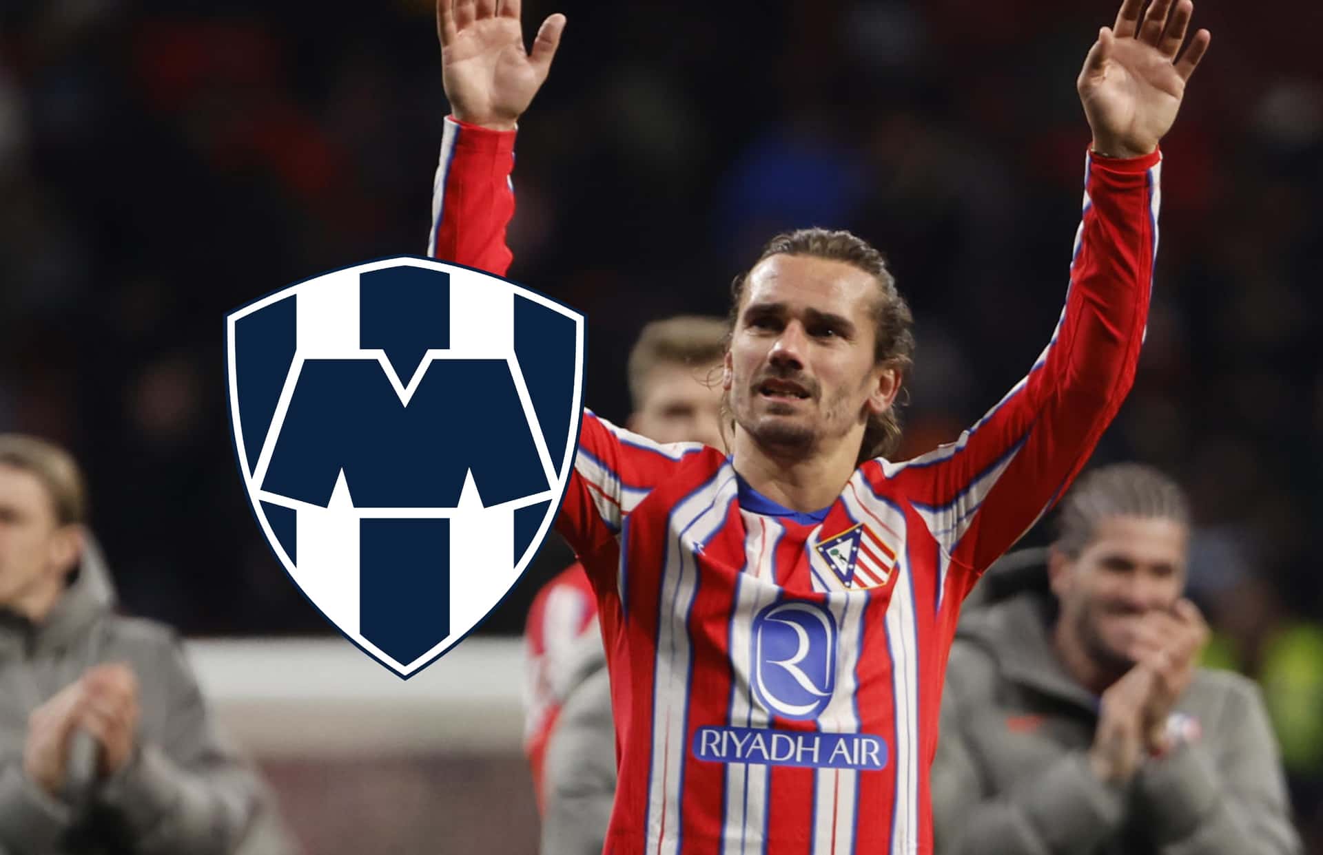 Antoine Griezmann y escudo de Rayados/Foto Quepasamedia.com