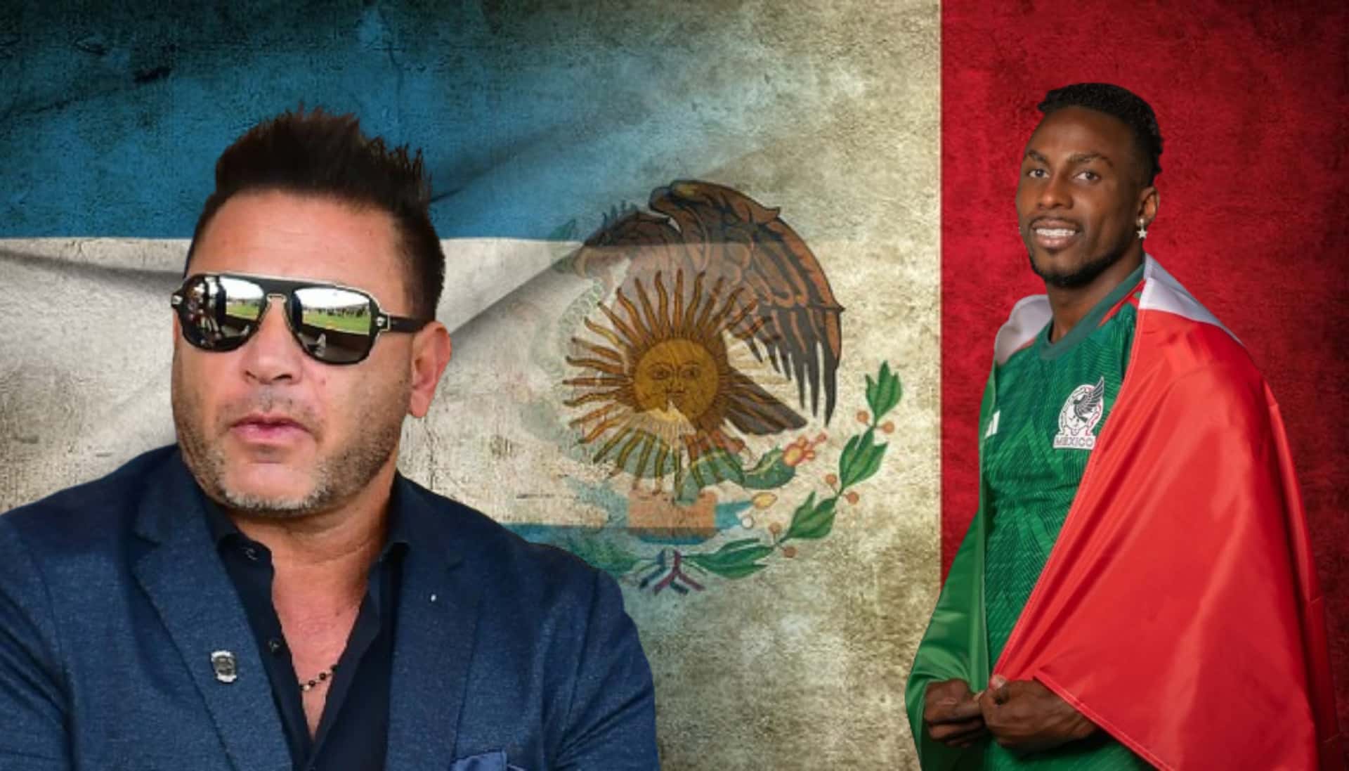 Bandera de Argentina y de México unidas, junto a esta, Quiñones y Mohamed / El Futbolero