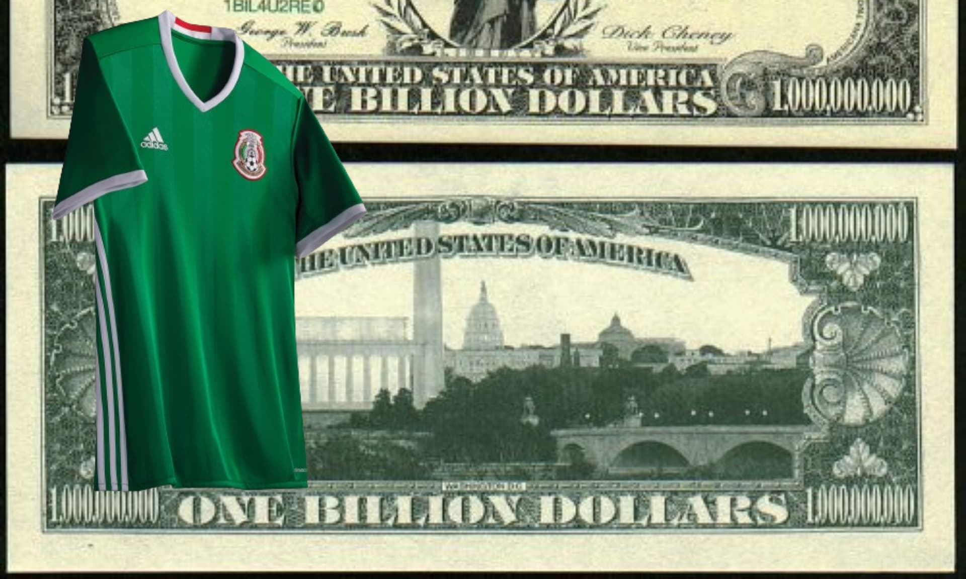 Billete de un billón, de frente, una playera de la selección mexicana / Amazon