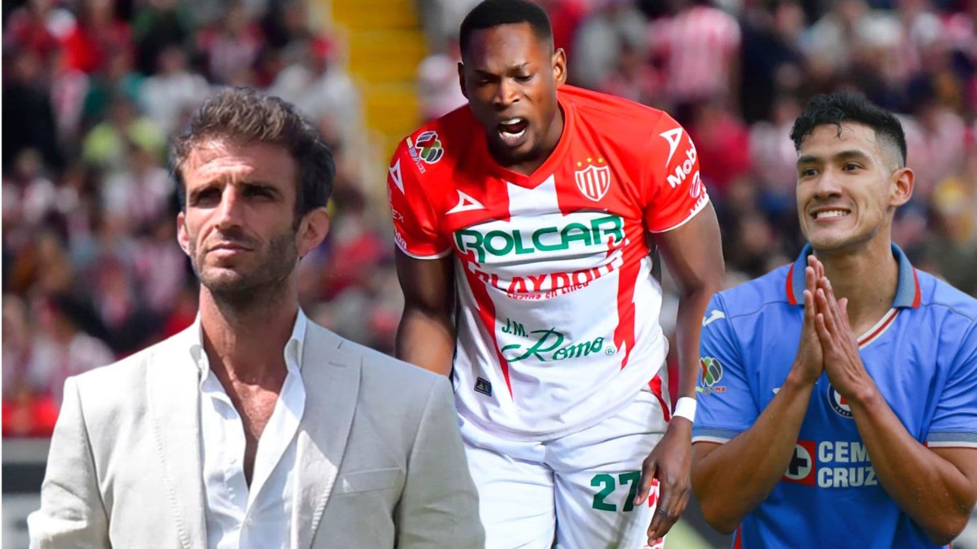Cambindo con Necaxa festejando y Antuna con Cruz Azul e Iván Alonso