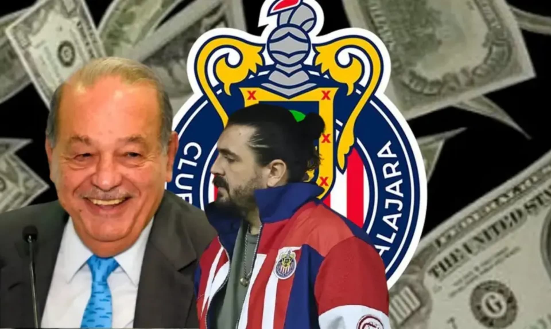 Carlos Slim en reunión, al fondo Vergara sale de un partido de Chivas (Fuente: Nación Fútbol)