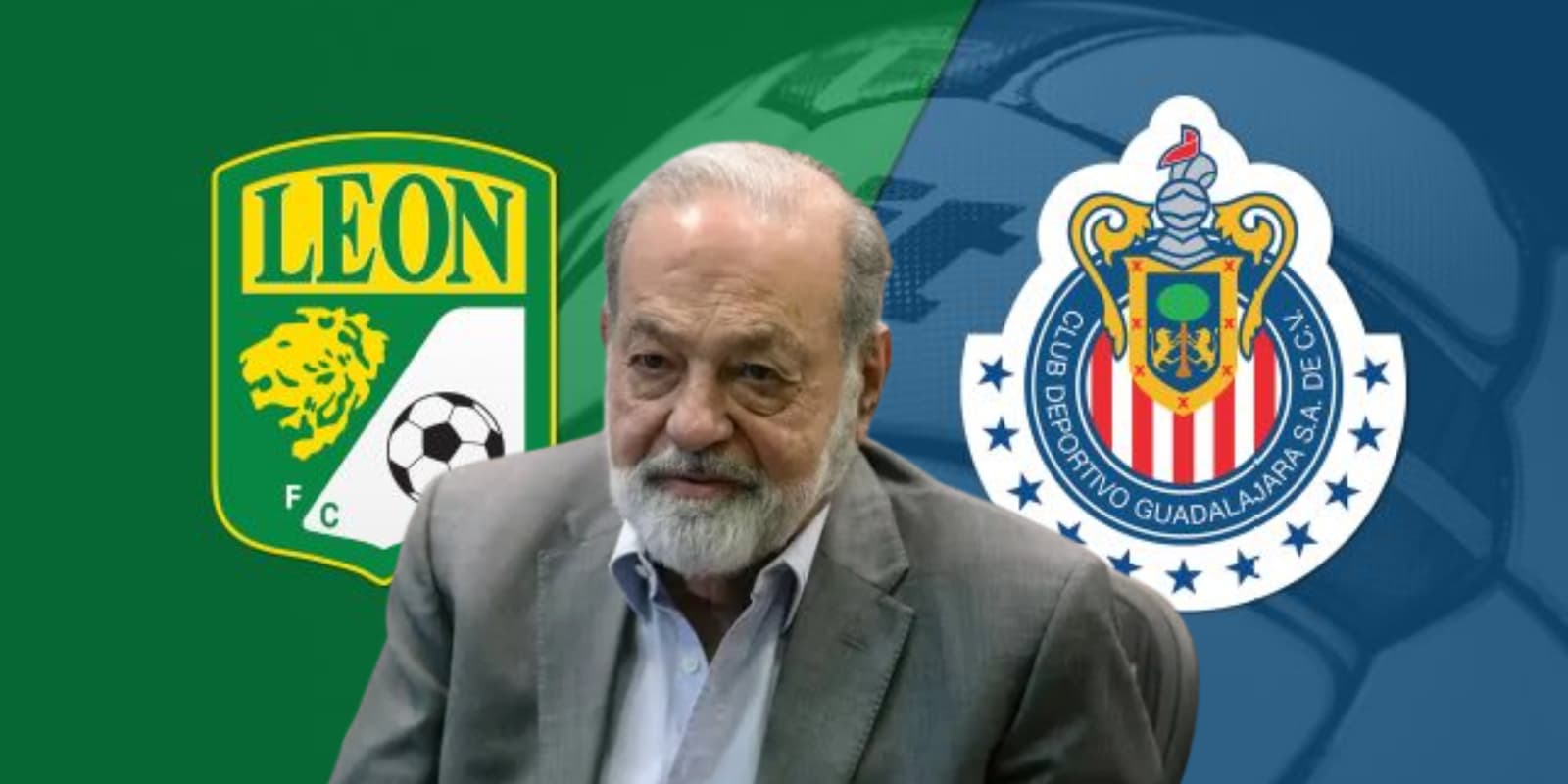 Carlos Slim junto a los escudos de Club León y Chivas / FOTO BLOOMBERG