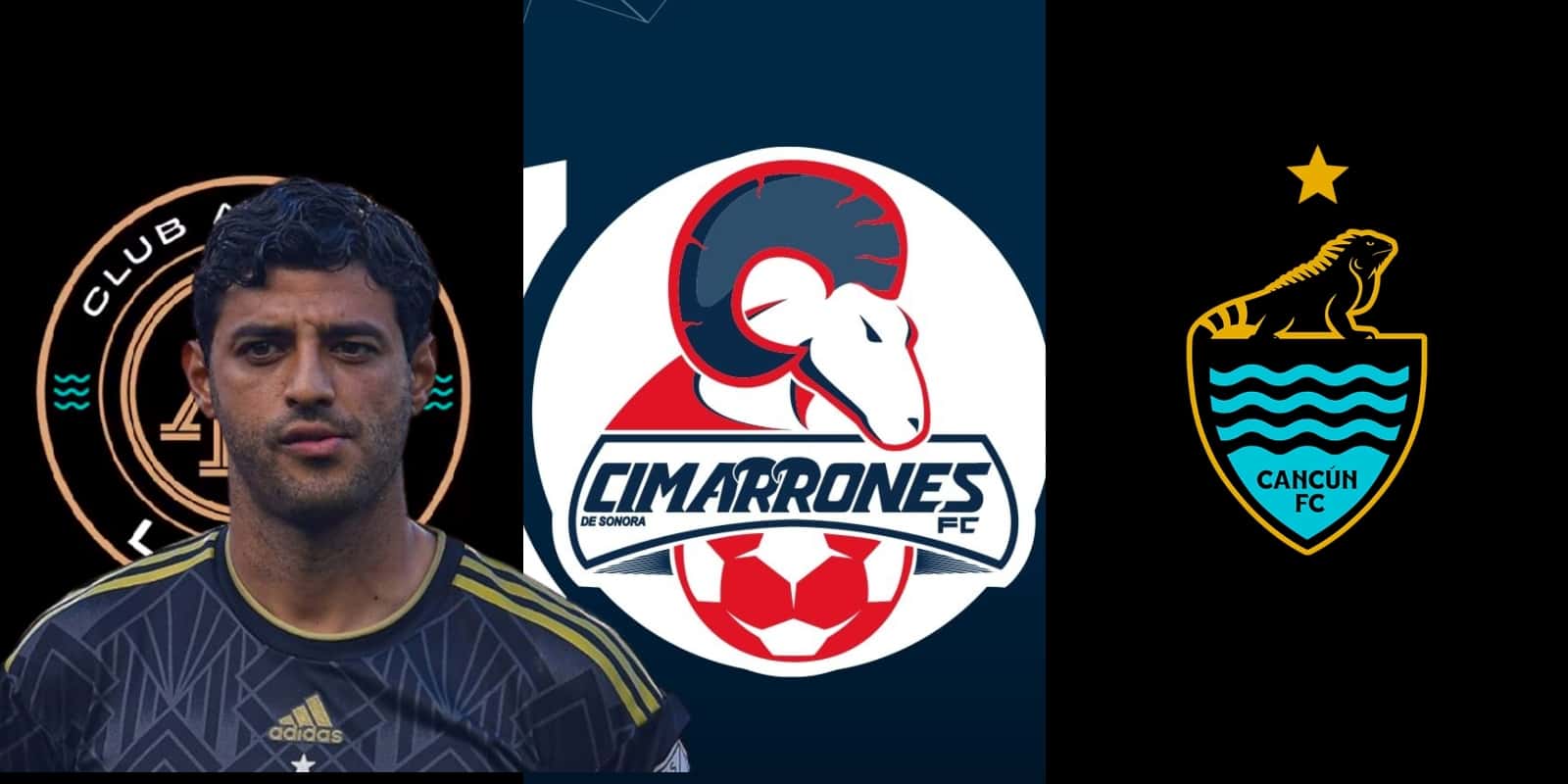 Carlos Vela junto a los escudos de Club La Paz, Cimarrones y Cancún FC / FOTO Facebook