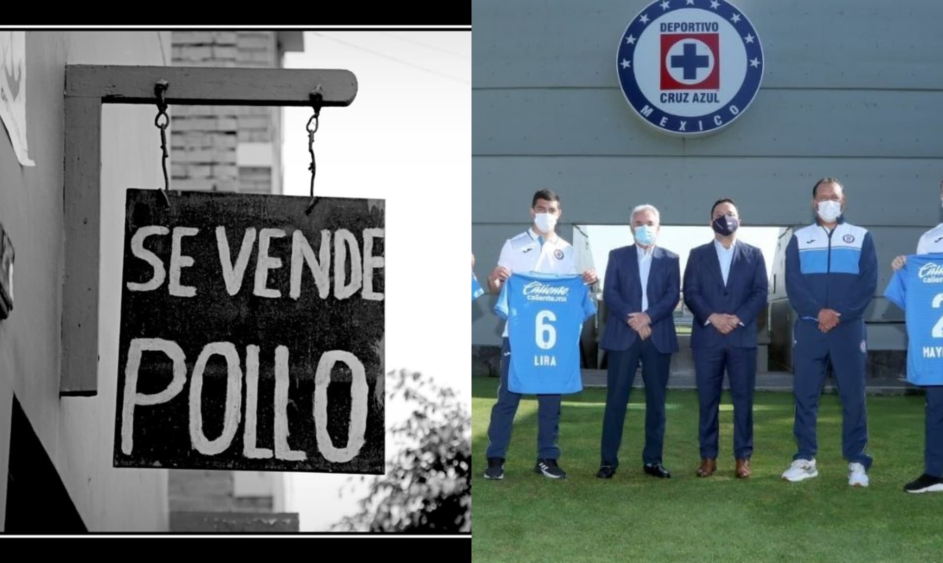 Cartel de venta de pollo, a la derecha, jugadores de Cruz Azul (Fuente: Flickr y Cruz Azul )