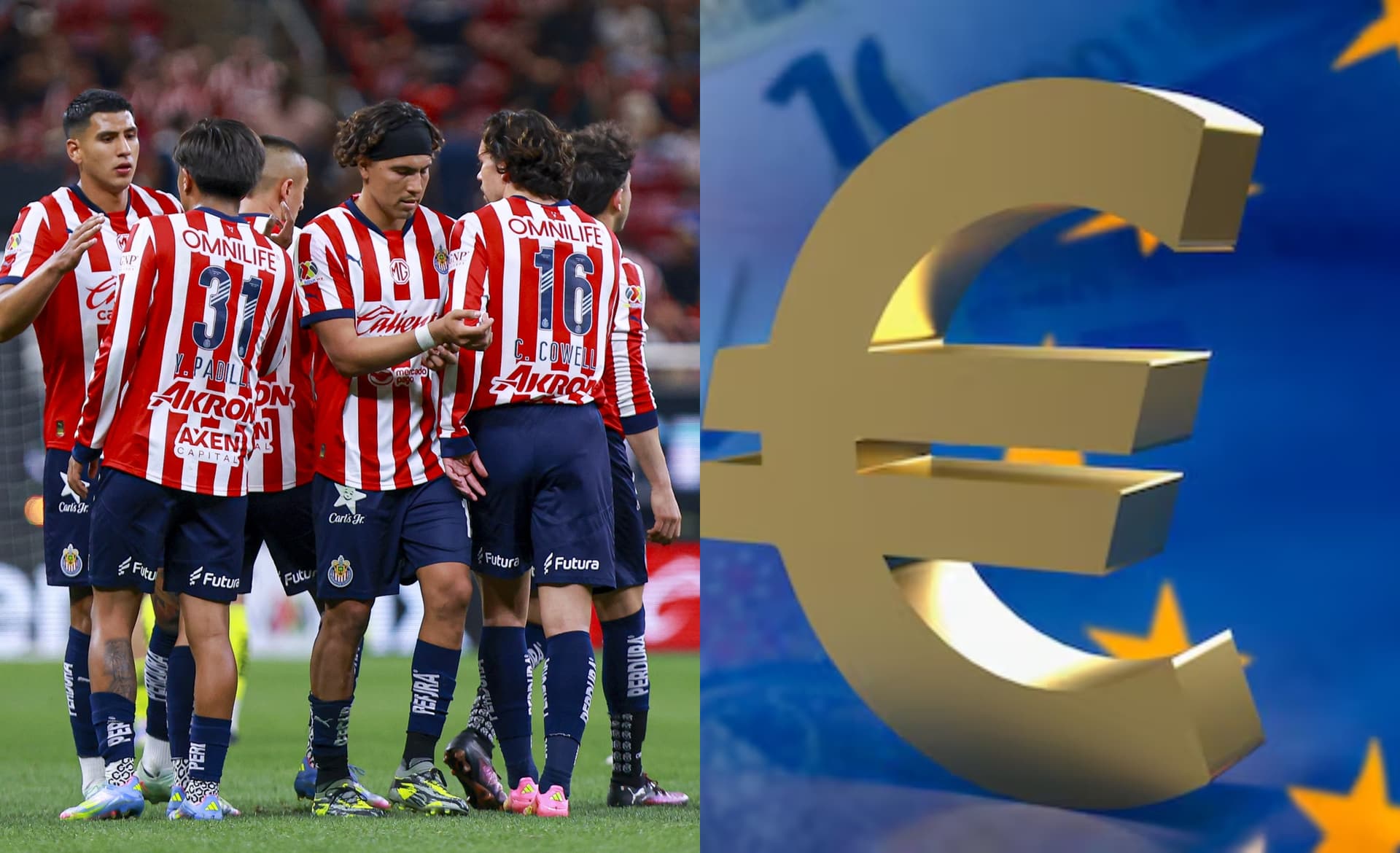 Chivas y jugadores celebrran gol, a la derecha, señal de Euro (Fuente: Mexsports y Free Pick)