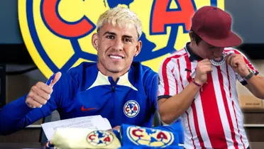 Cristian Calderón durante su firma de contrato con el América / Foto: Instagram Club América