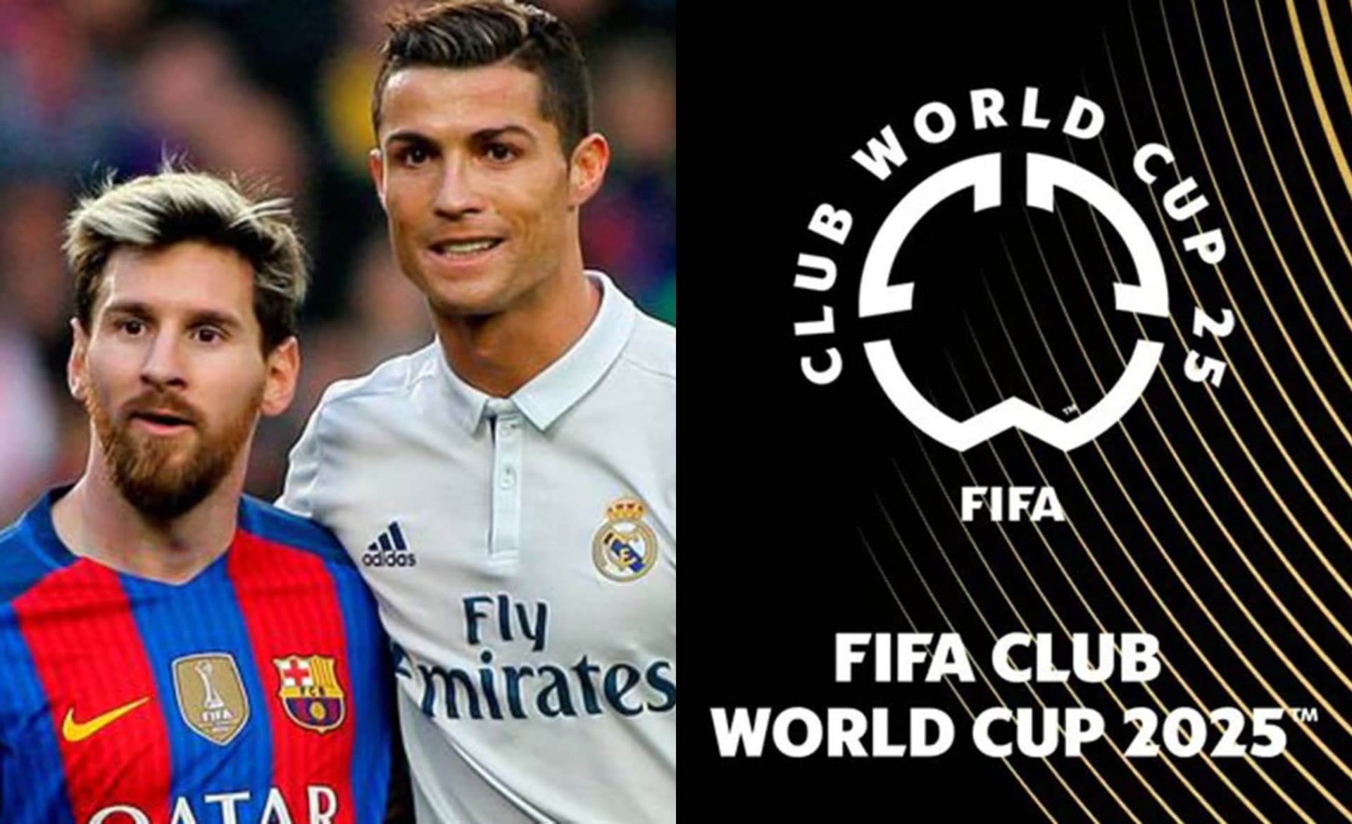 Cristiano y Messi abrazados en un partido, a la derecha, logo del Mundial (Fuente: AFP y FIFA)