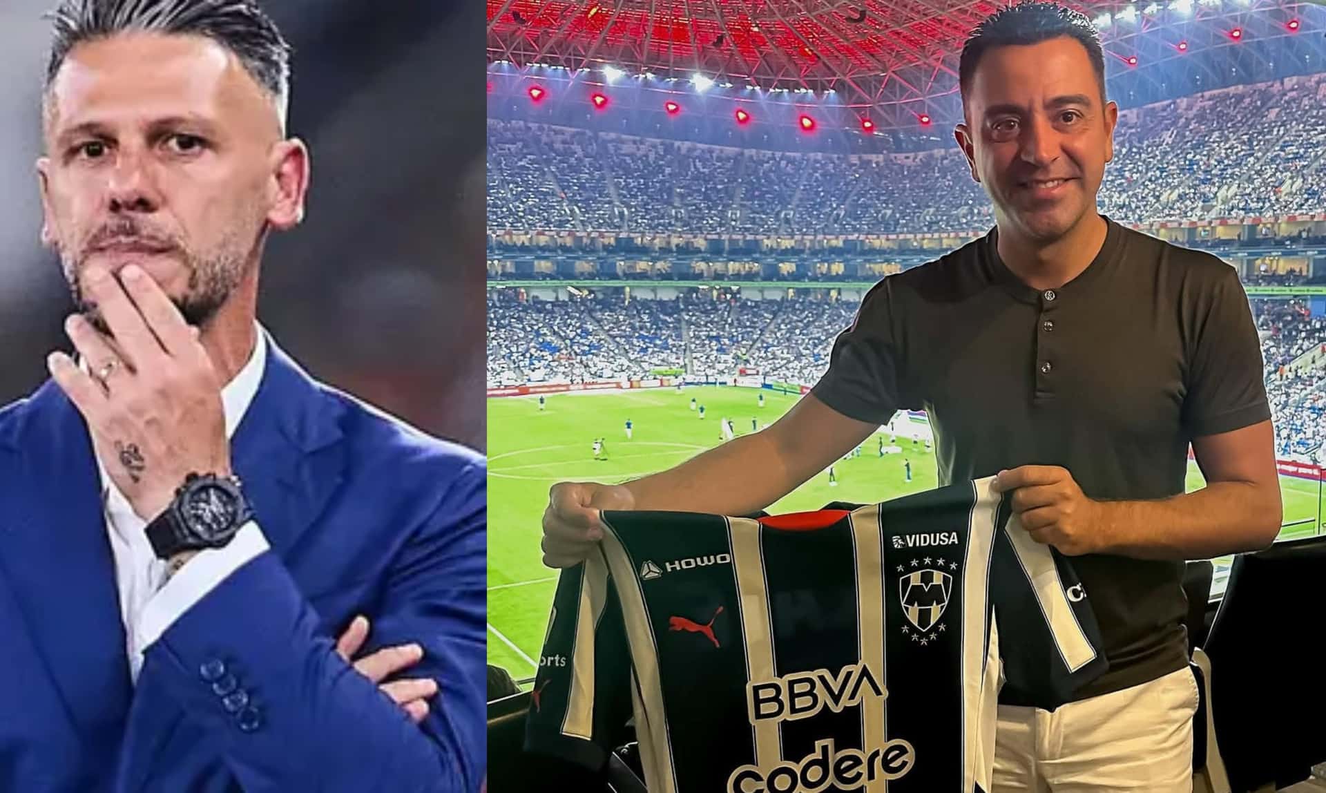 Demichelis preocupado tras derrota, a la derecha Xavi recibe playera de Rayados (Fuente: Mexsports y Rayados)