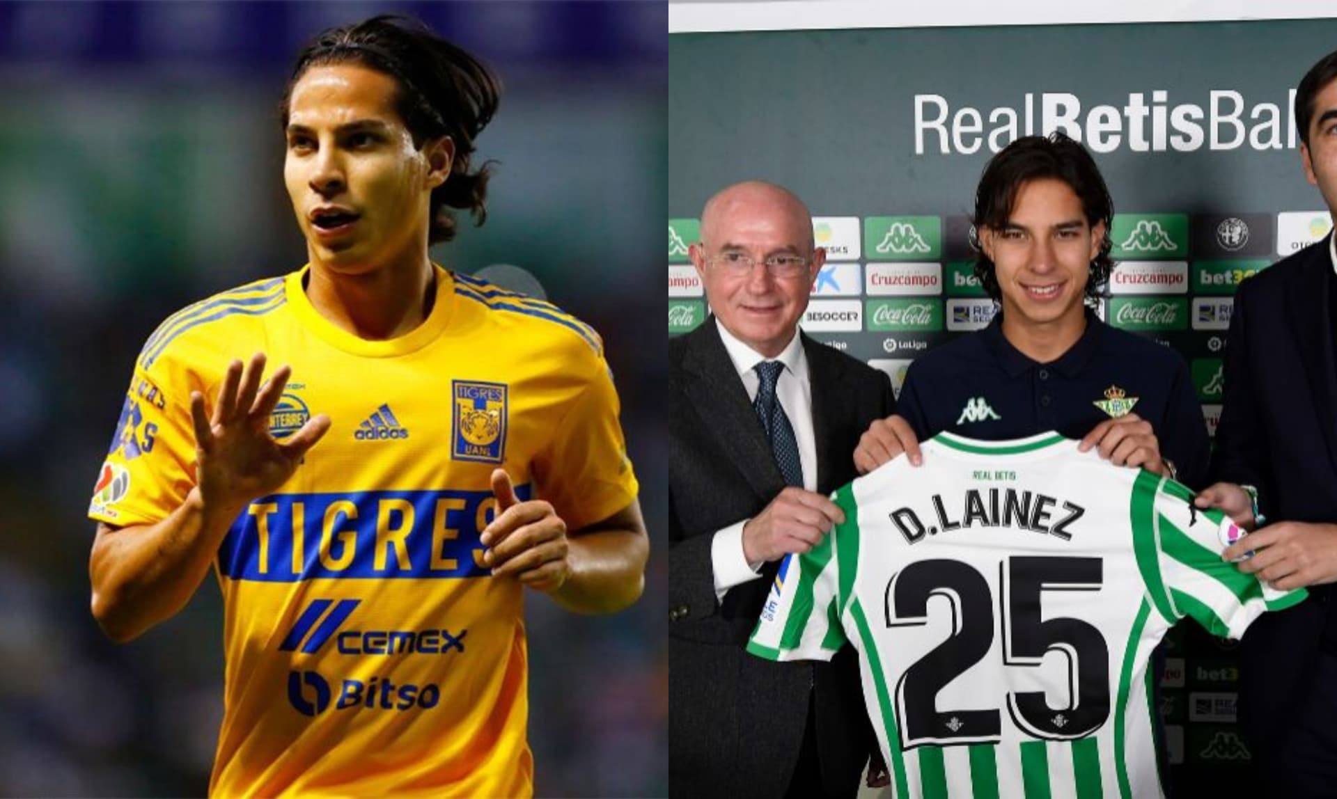 Diego Laínez en juego con Tigres, a la derecha, presentado en Betis (Fuente: Mexsports y Marca)