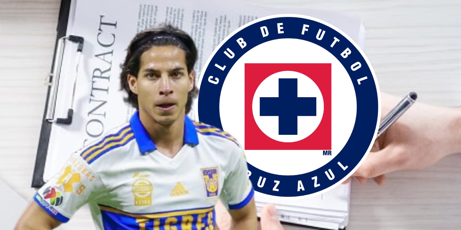 Diego Lainez junto al escudo de Cruz Azul / FOTO FOX DEPORTES