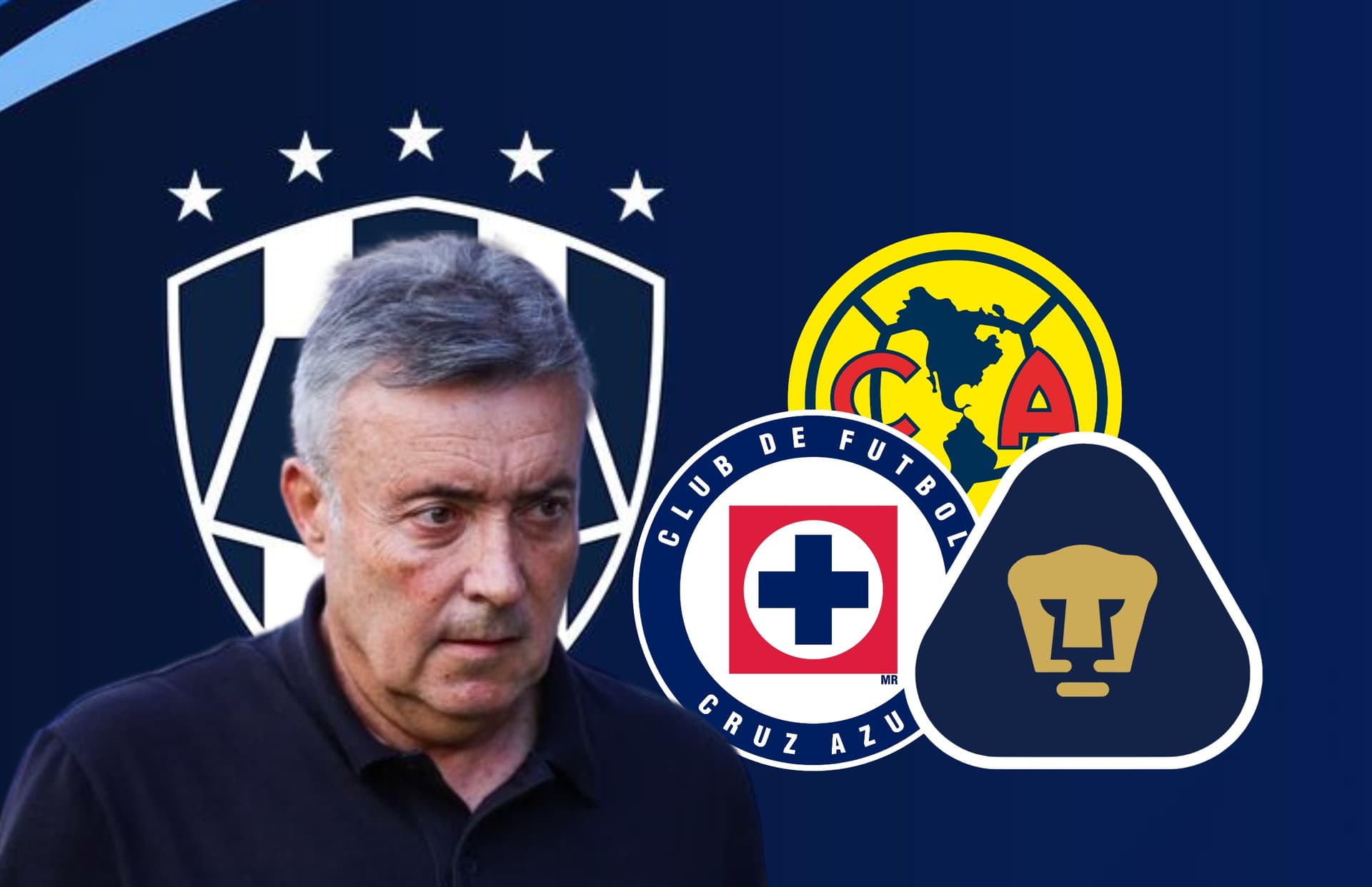 Domenec Torrent y escudos de América, Pumas y Cruz Azul/Foto Rayados.