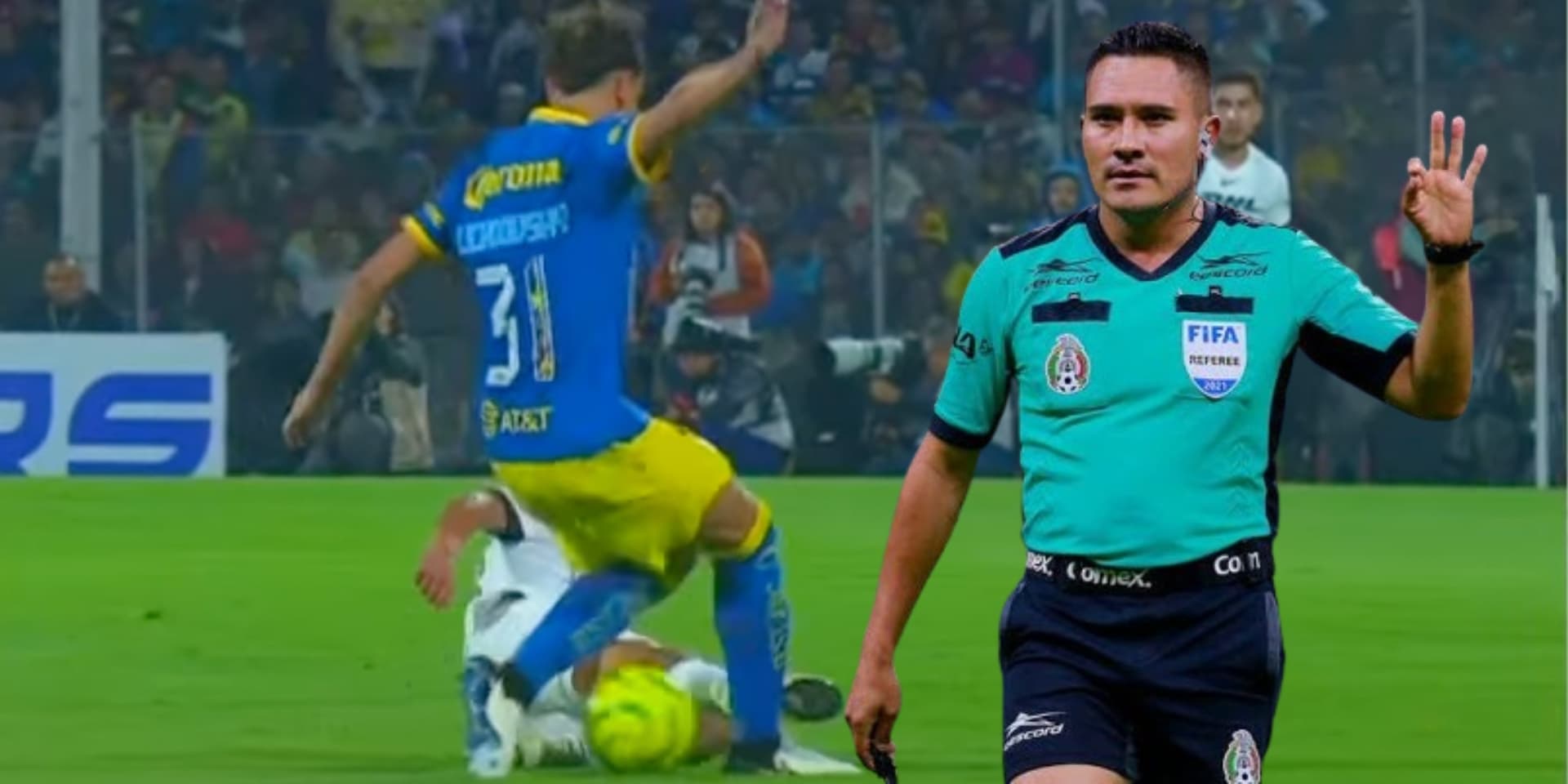 Dura entrada de Piero Quispe hacia Igor Lichnovsky en el Pumas vs. América / Foto: Video TUDN