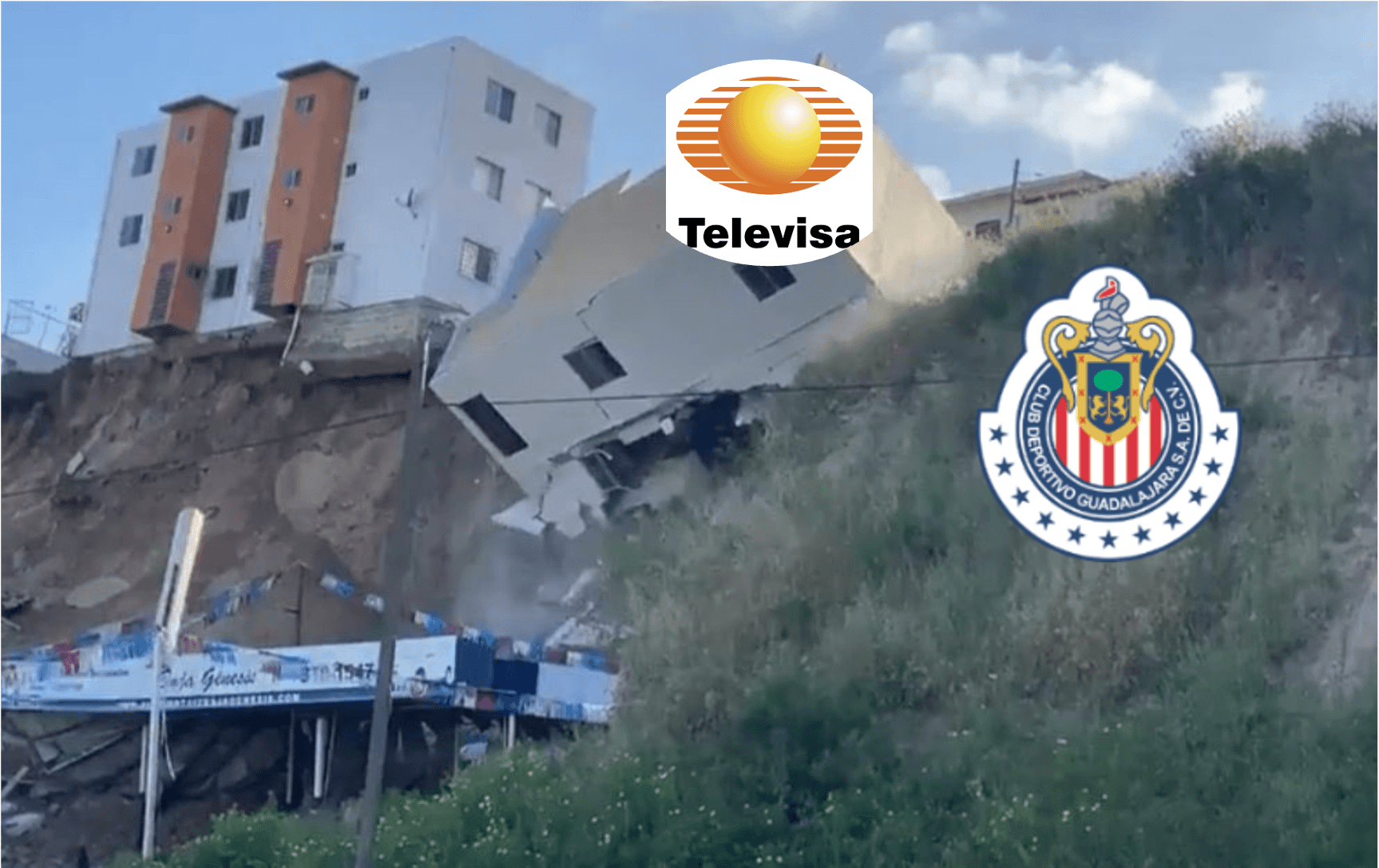 Edificio se cae desde sus cimientos, junto a esto, escudos de Televisa y Chivas / El Futbolero