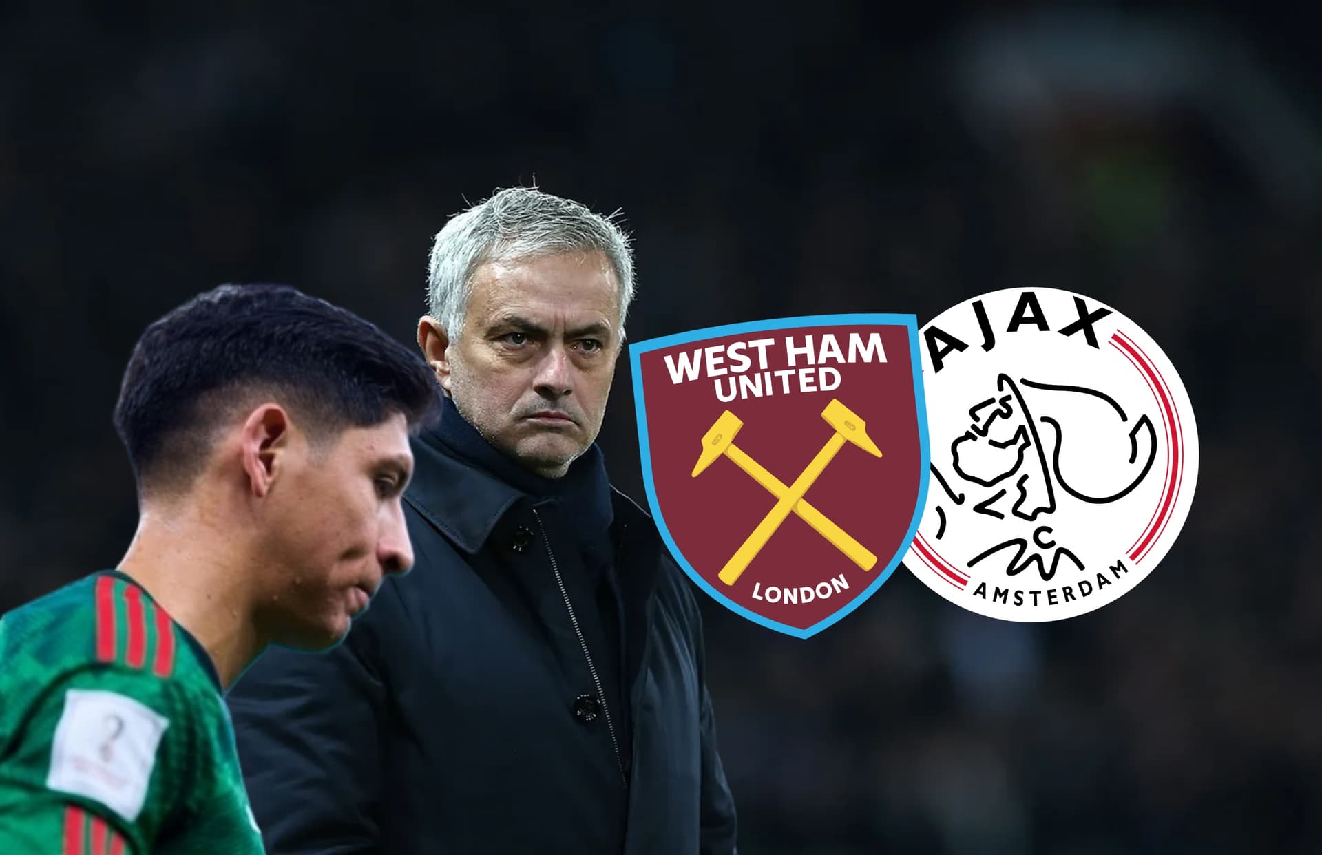 Edson Álvarez, José Mourinho y escudos de West Ham y Ajax/Foto John Peters.