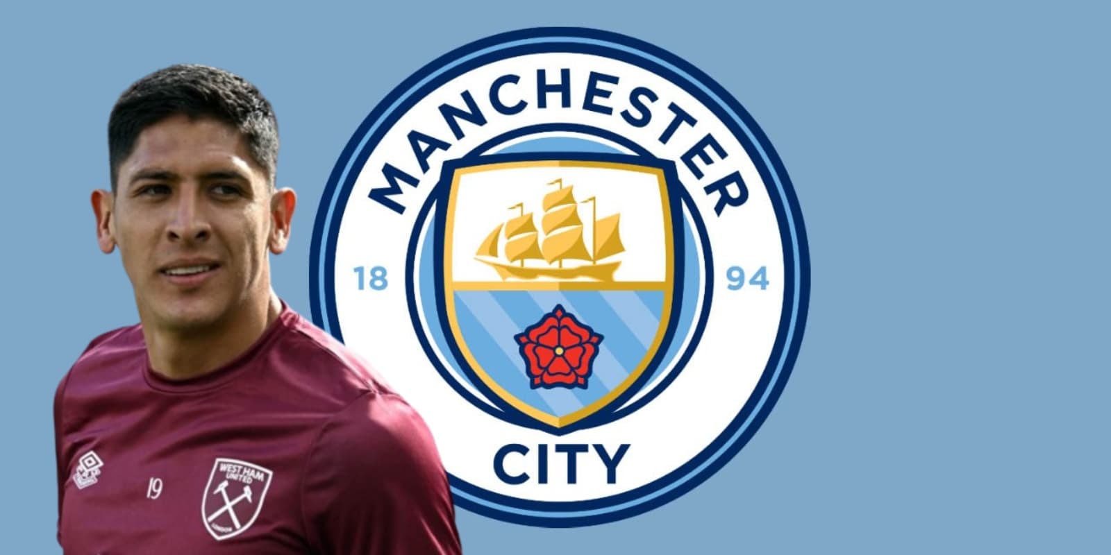 Edson Álvarez junto al escudo del Manchester City / FOTO SPORTSMEDIA