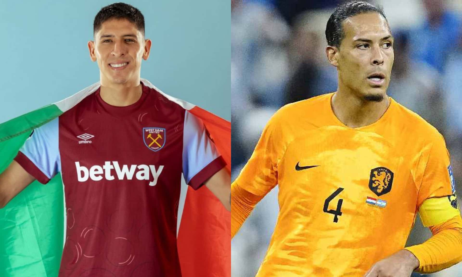 Edson Álvarez presentado en West Ham, mientras Van Dijk juega un cotejo (Fuente: West Ham y Record)