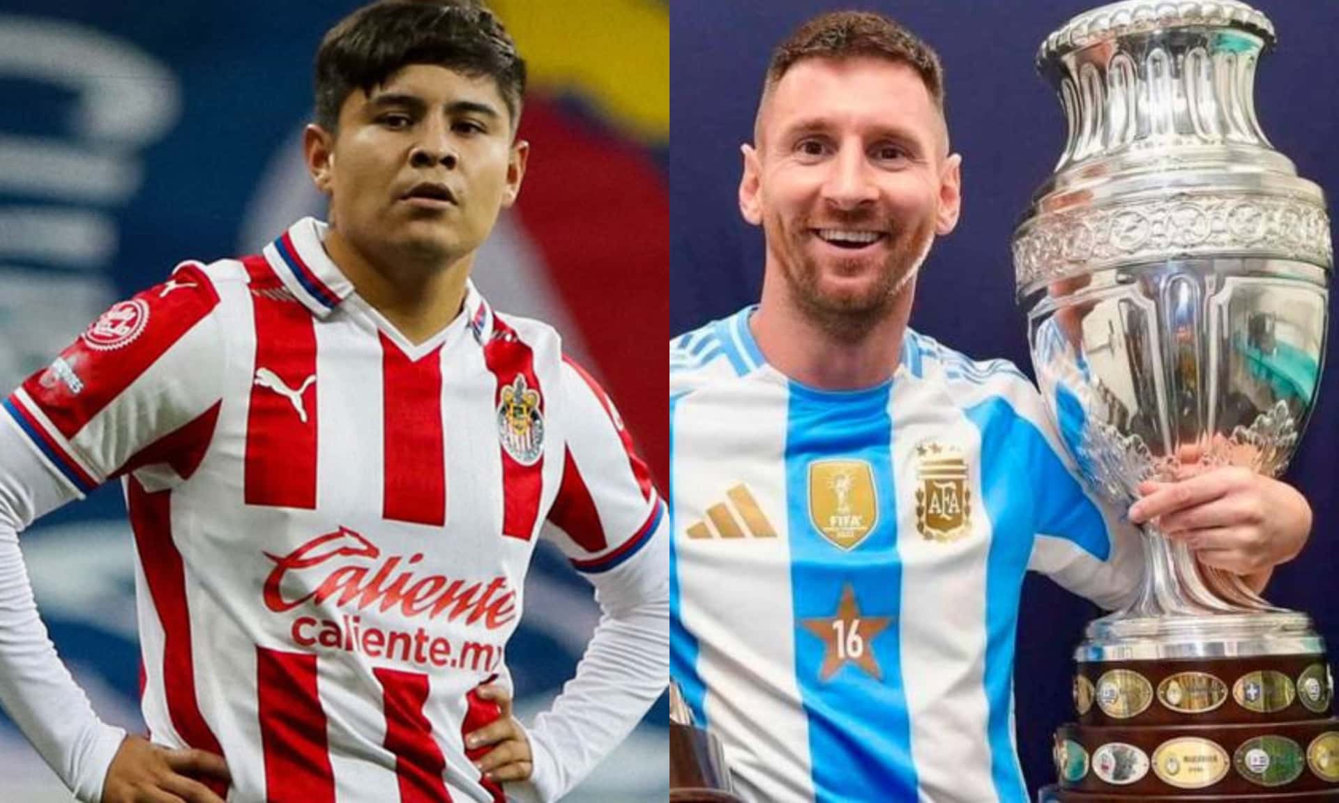 Eduardo López jugando con las Chivas de Guadalajara, a la derecha, Lionel Messi (Fuente: Mexsports y Conmebol)
