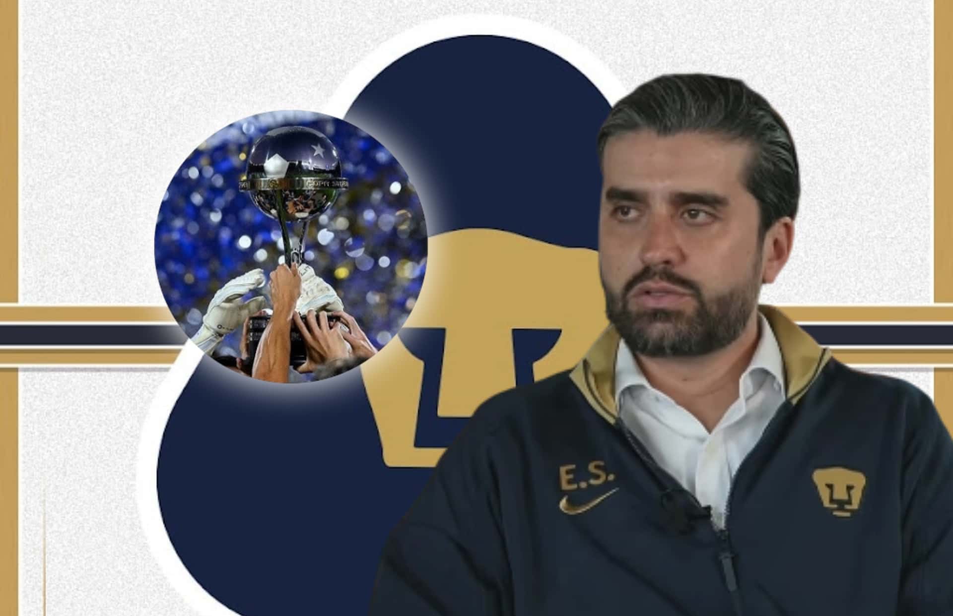 Eduardo Saracho e imagen de Copa Sudamericana/ Foto Pumas.