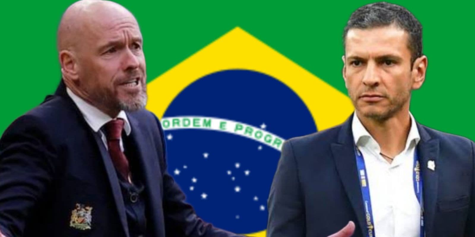 El DT del Manchester United, a lado Jaime Lozano y al fondo la bandera de Brasil / Foto Getty