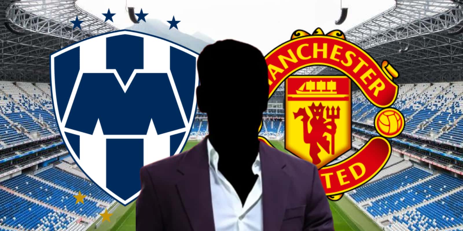 Entrenador incógnito junto al escudo de Rayados y Manchester United / FOTO THE18