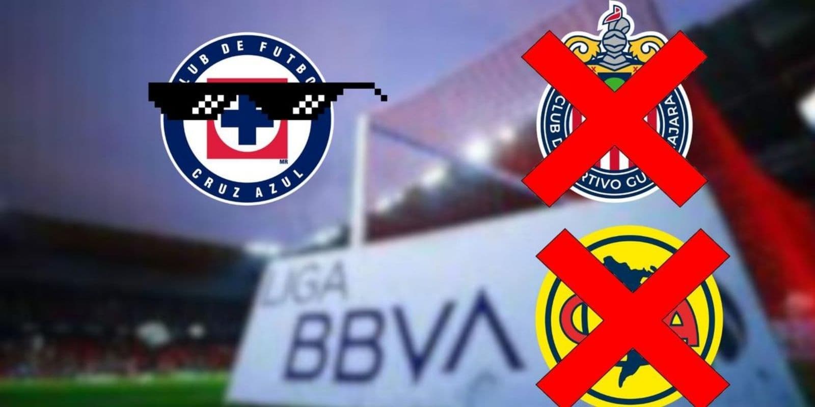 Escudo de Cruz Azul con lentes y el escudo de América y Chivas tachados (Foto: Especial)