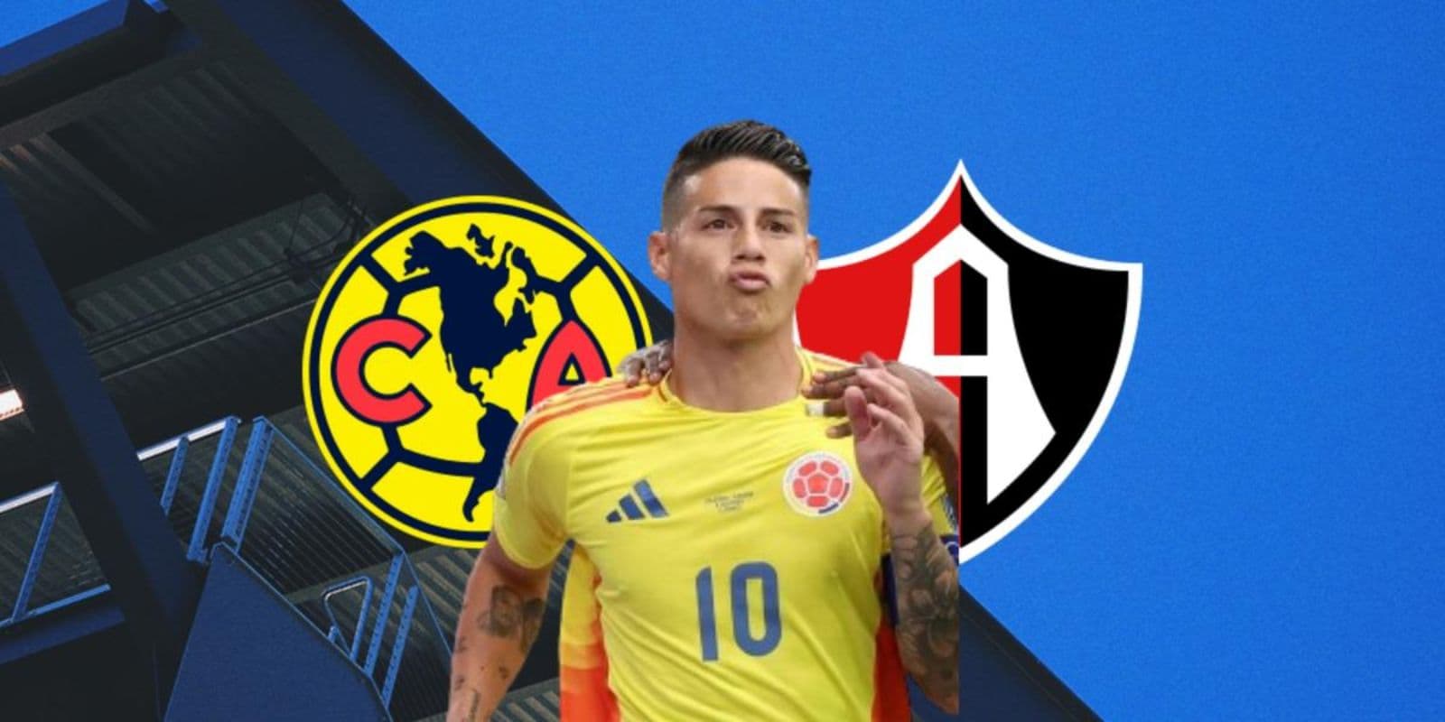 Escudos de América y de Atlas junto a un estadio (Fuente: San José)
