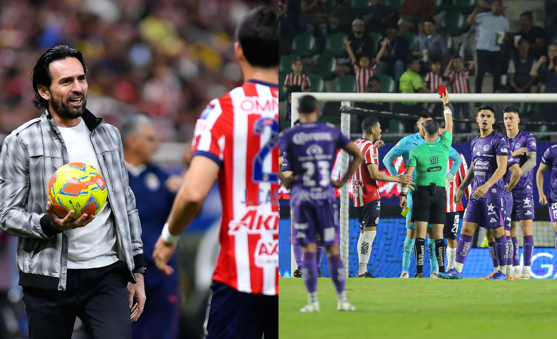 Espinoza entrega una pelota, a la derecha, jugadores de Chivas protestan (Fuente: Mexsports)