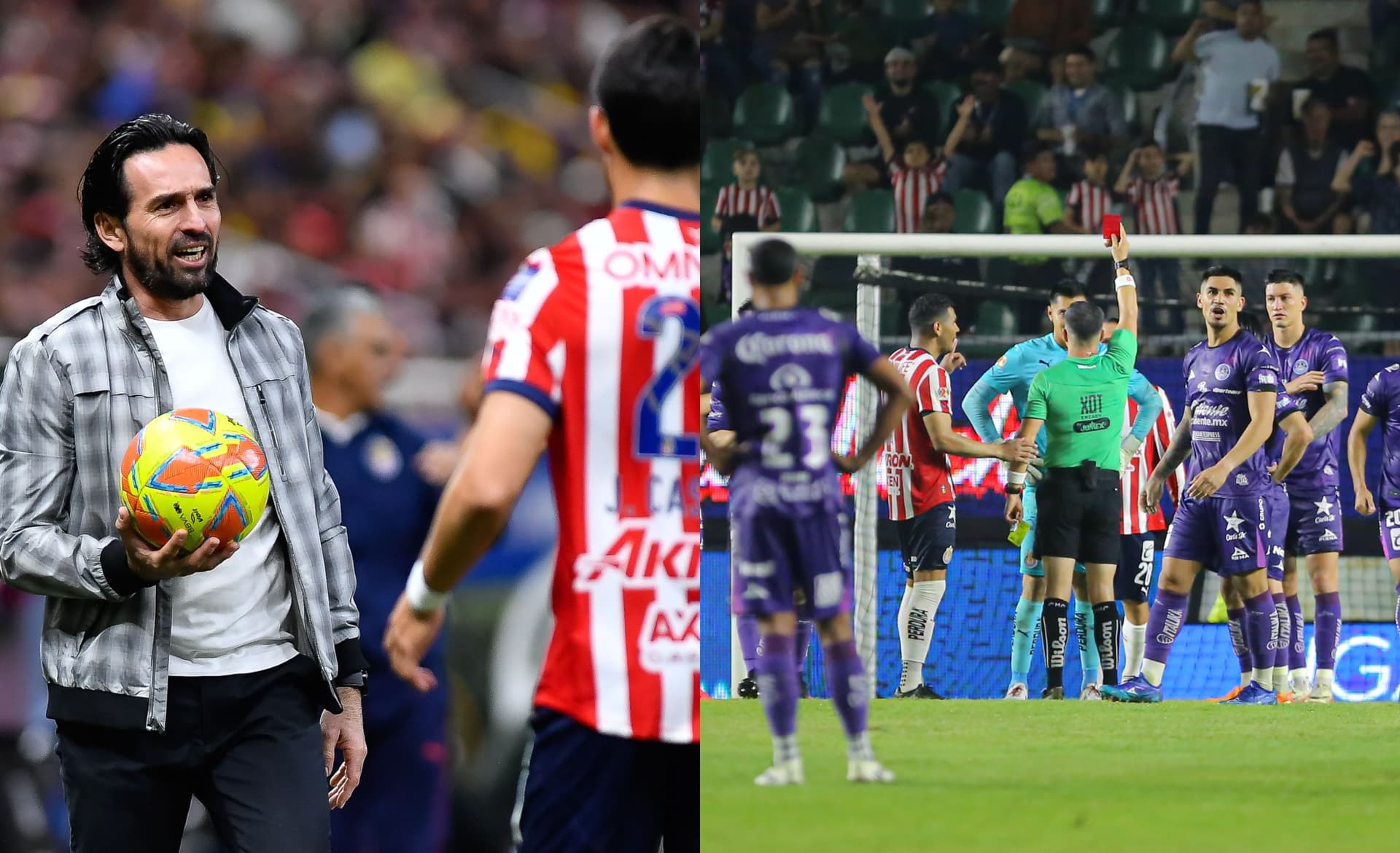 Espinoza entrega una pelota, a la derecha, jugadores de Chivas protestan (Fuente: Mexsports)