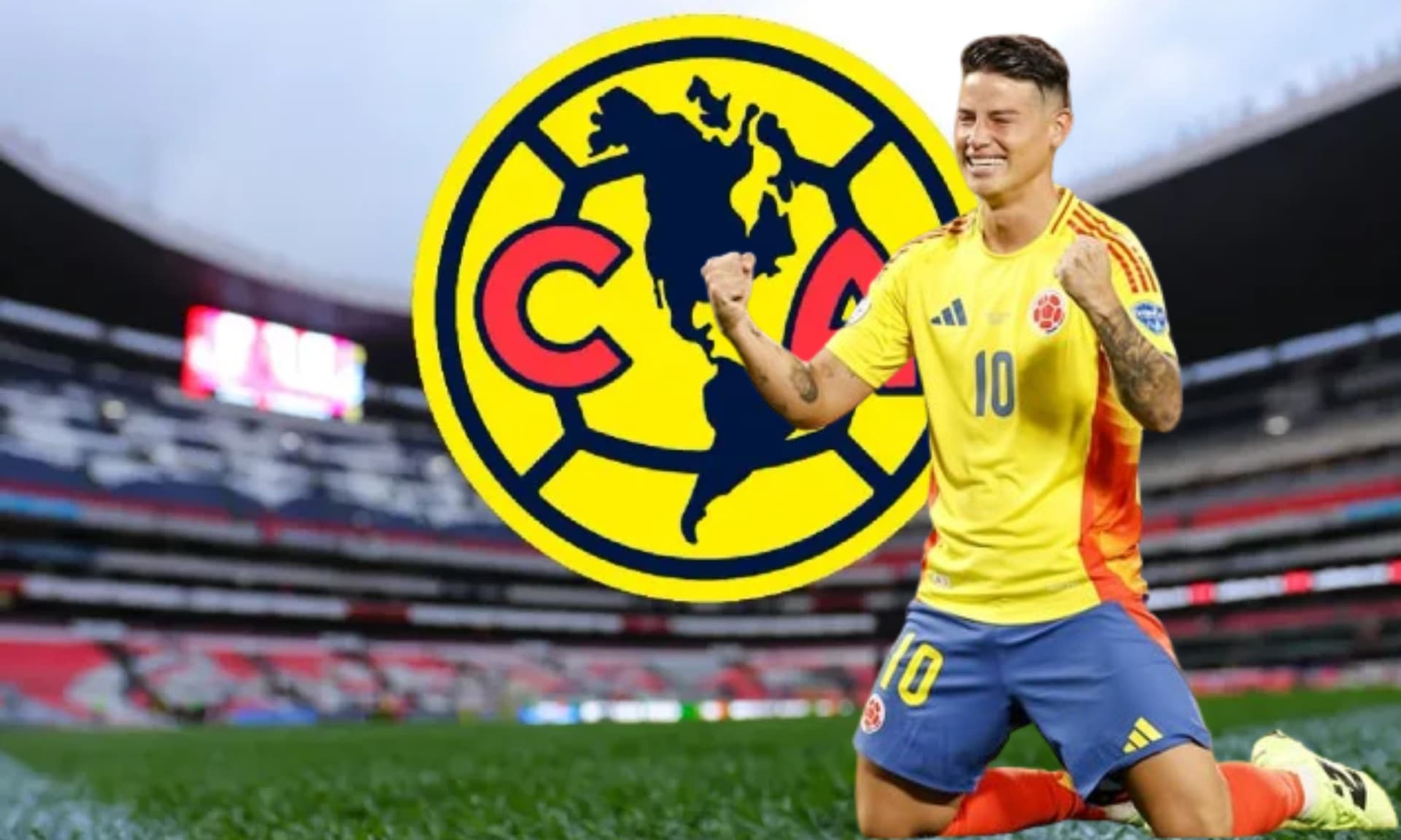 Estadio Azteca de fondo, junto con el escudo del América y James (Fuente: Águilas Monumental)