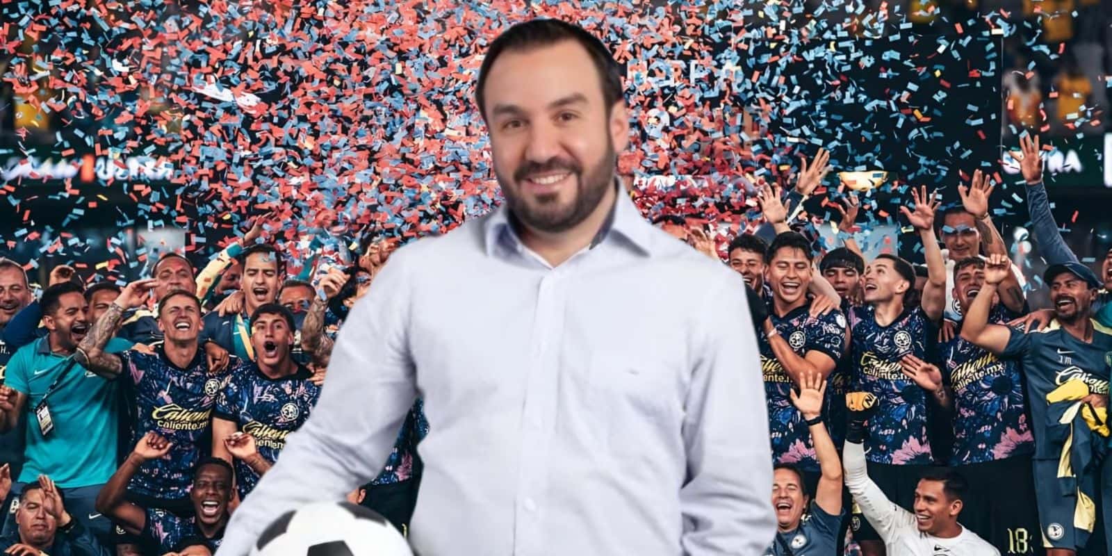 Fernando Cevallos y al fondo la celebración del Club América (Foto: X @ClubAmerica)