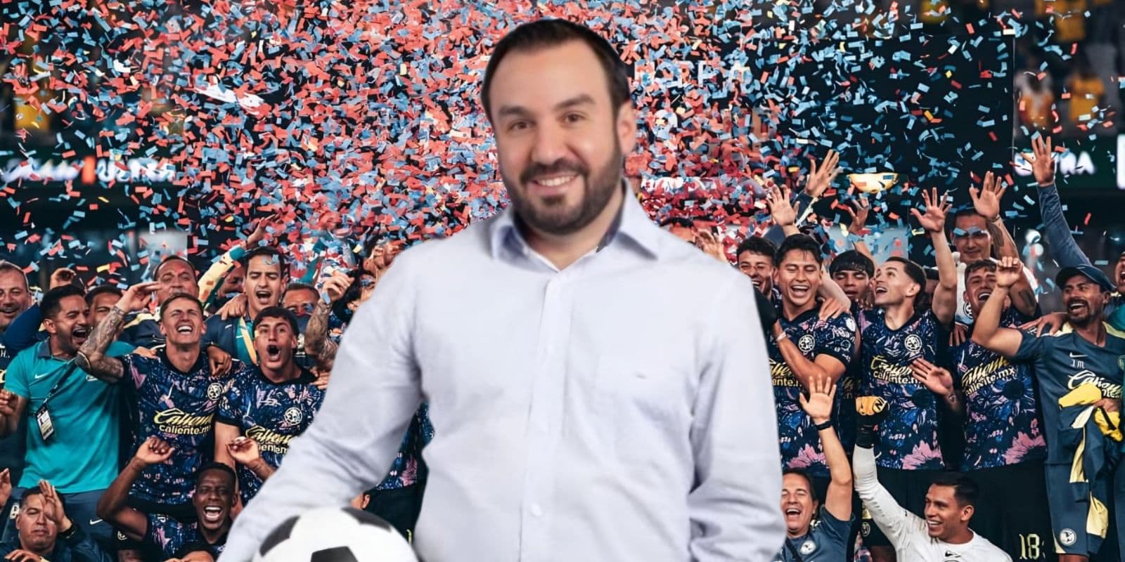 Fernando Cevallos y al fondo la celebración del Club América (Foto: X @ClubAmerica)