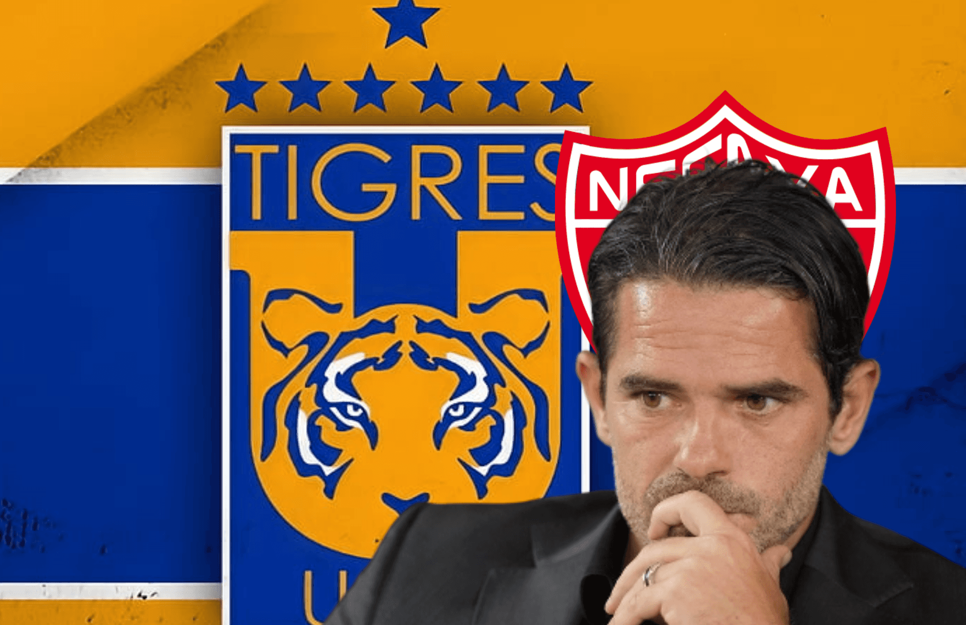 Fernando Gago y escudos de Tigres y Necaxa/ Foto Peakpx.