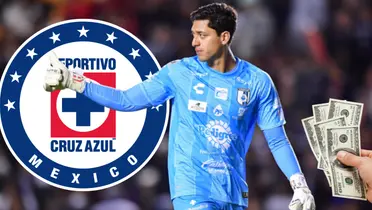 Fernando Tapia en partido con Querétaro; escudo del Cruz Azul y billetes agarrados. Foto: Esto.